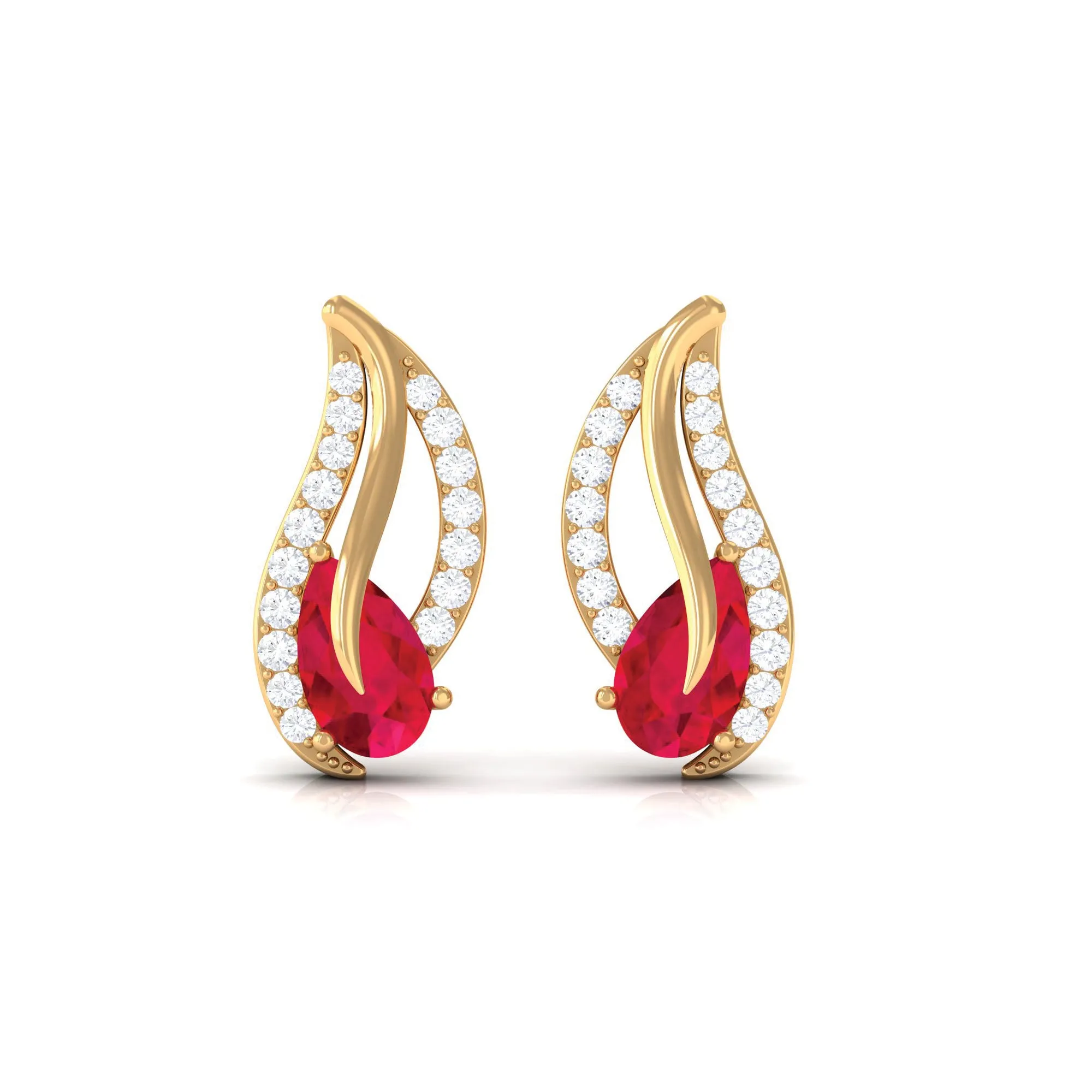 0.75 CT Lab Grown Ruby and Diamond Leaf Stud Earrings