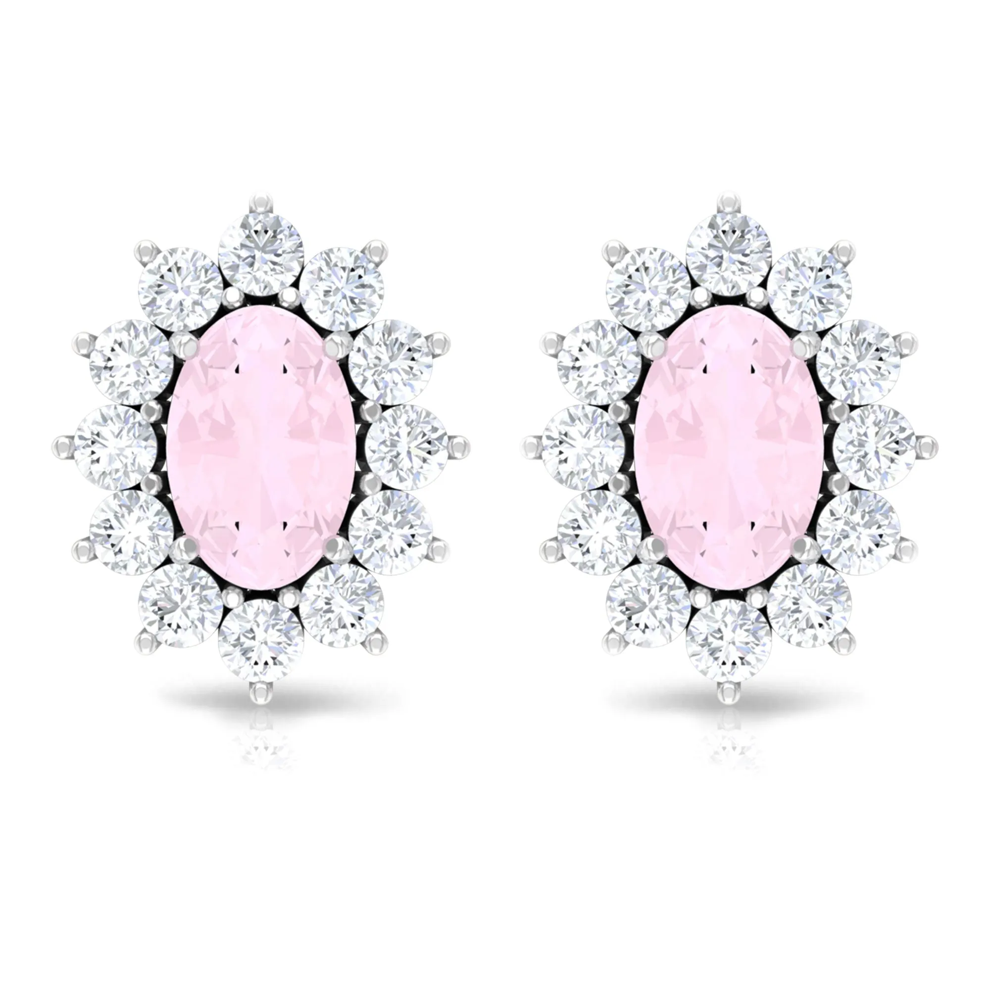 1.75 CT Oval Cut Rose Quartz and Diamond Starburst Stud Earrings