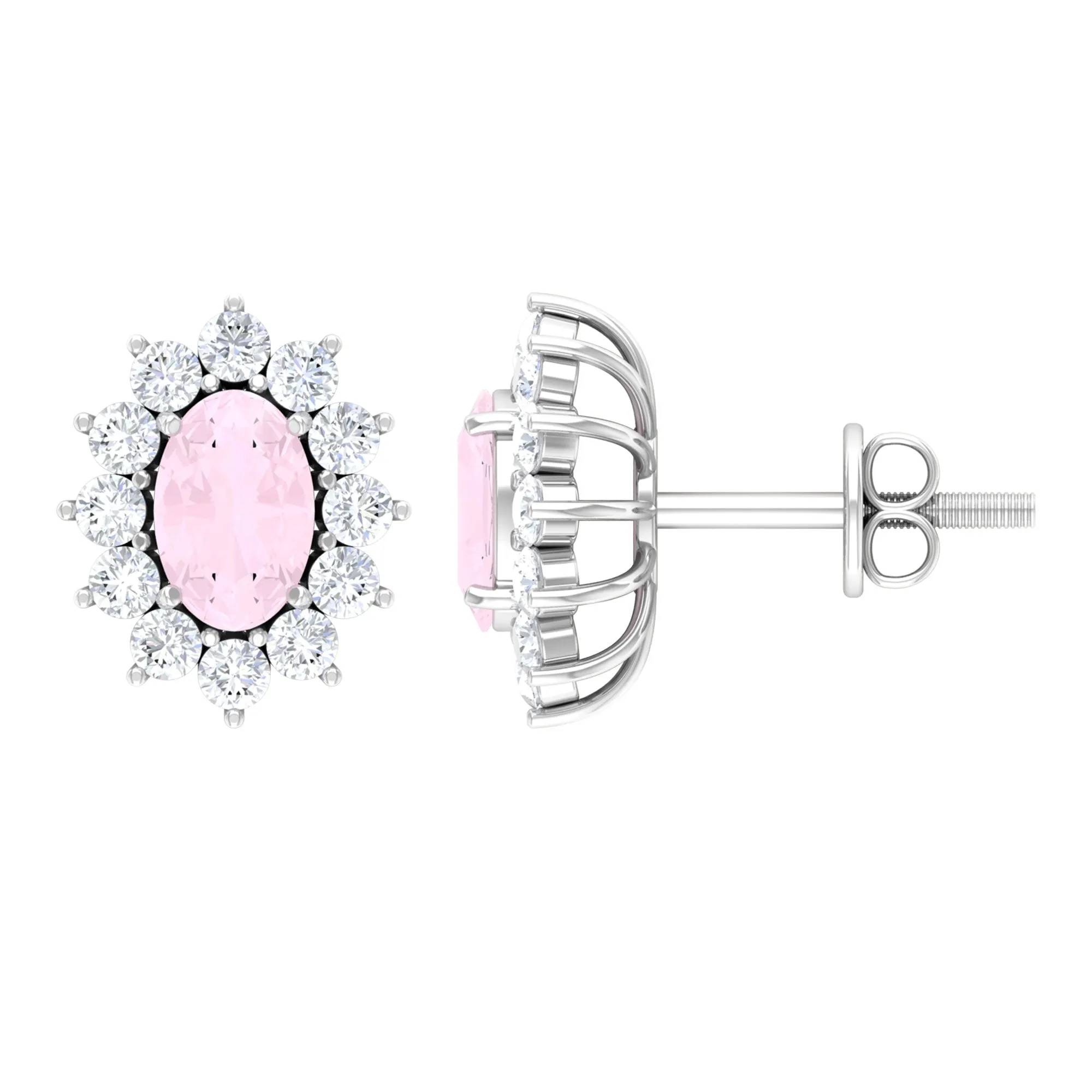 1.75 CT Oval Cut Rose Quartz and Diamond Starburst Stud Earrings