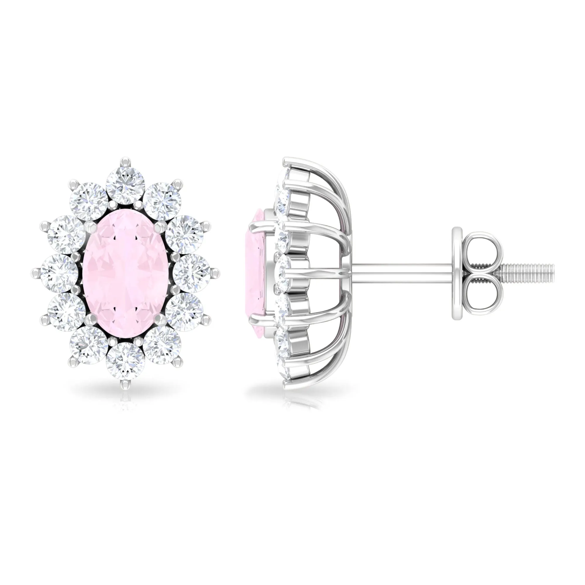 1.75 CT Oval Cut Rose Quartz and Diamond Starburst Stud Earrings