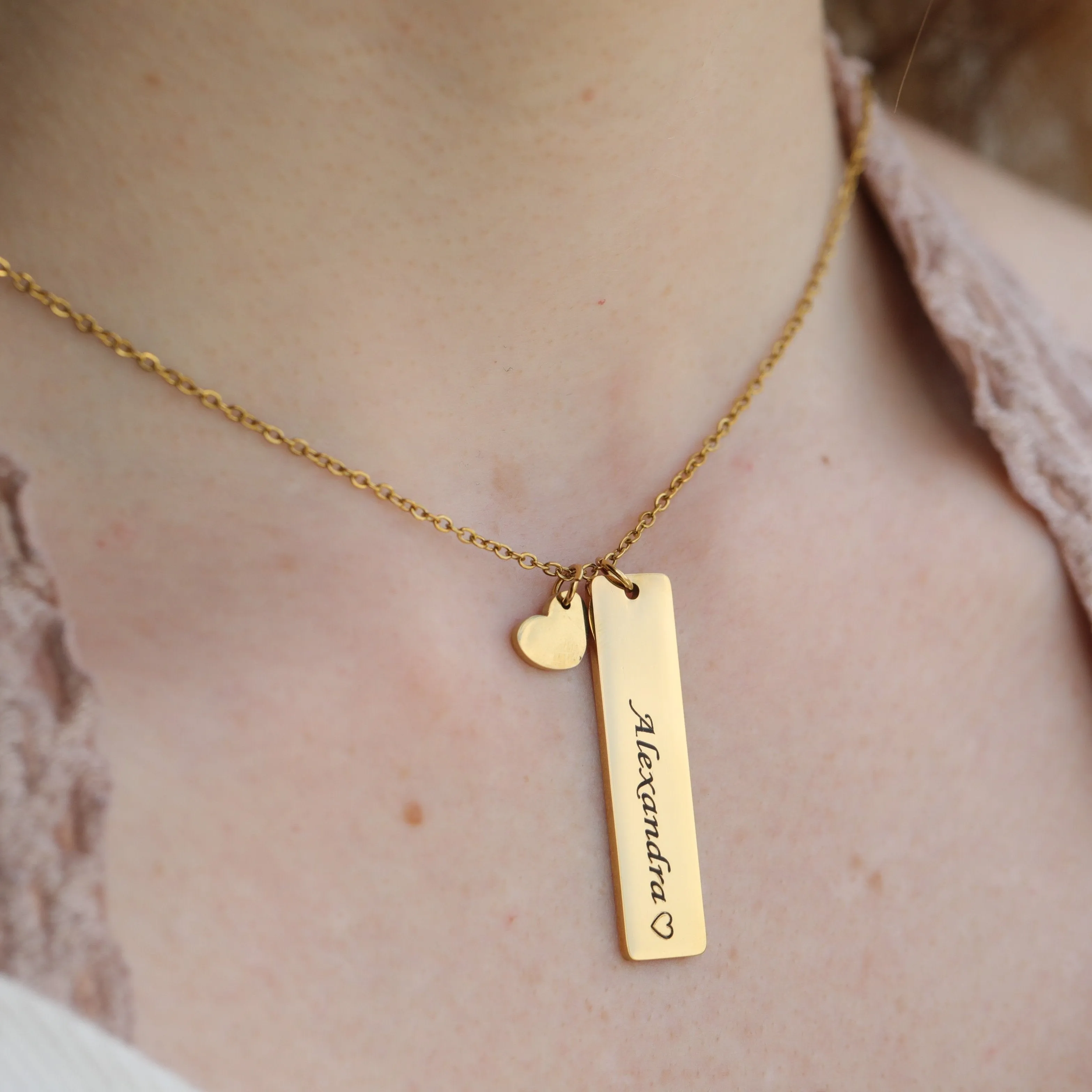 18K Gold-Filled Personalized Name Charm Necklace - Custom Gold Bar & Heart Pendant Necklace