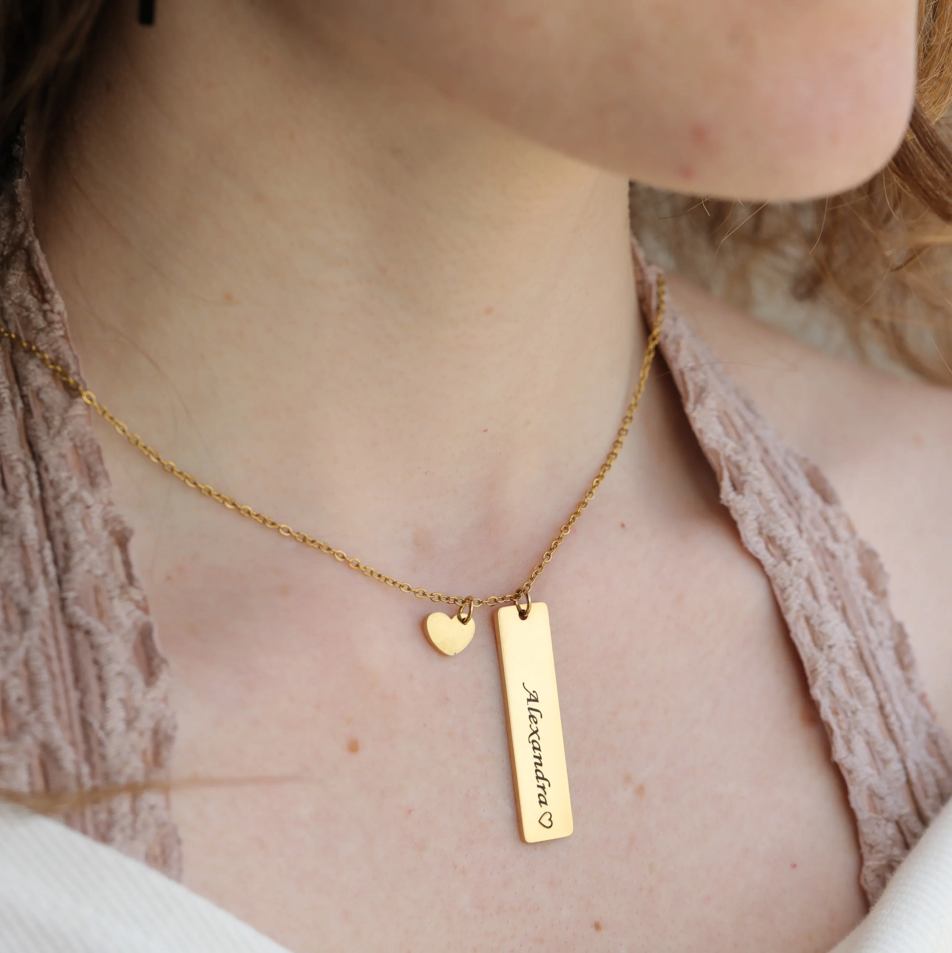 18K Gold-Filled Personalized Name Charm Necklace - Custom Gold Bar & Heart Pendant Necklace