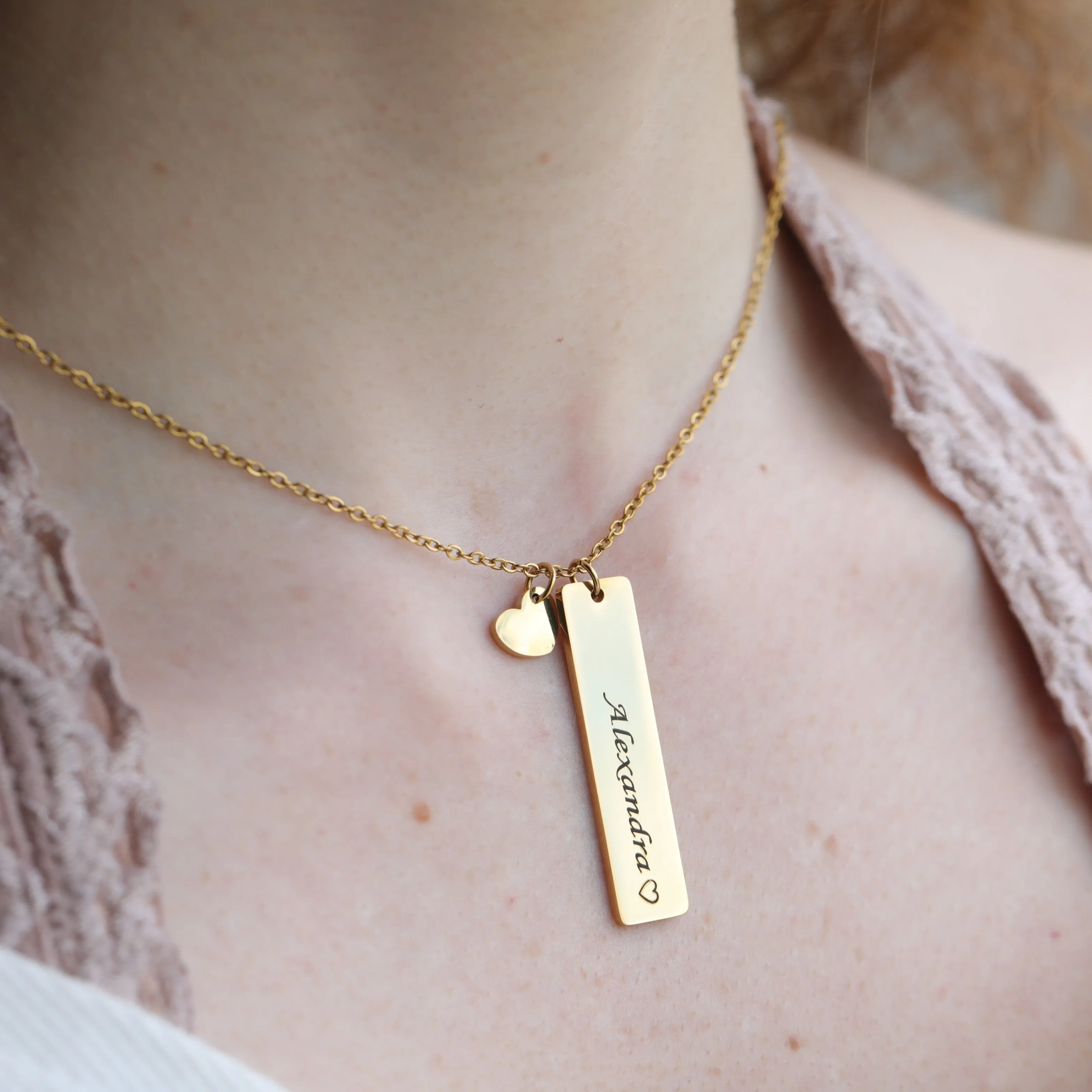 18K Gold-Filled Personalized Name Charm Necklace - Custom Gold Bar & Heart Pendant Necklace