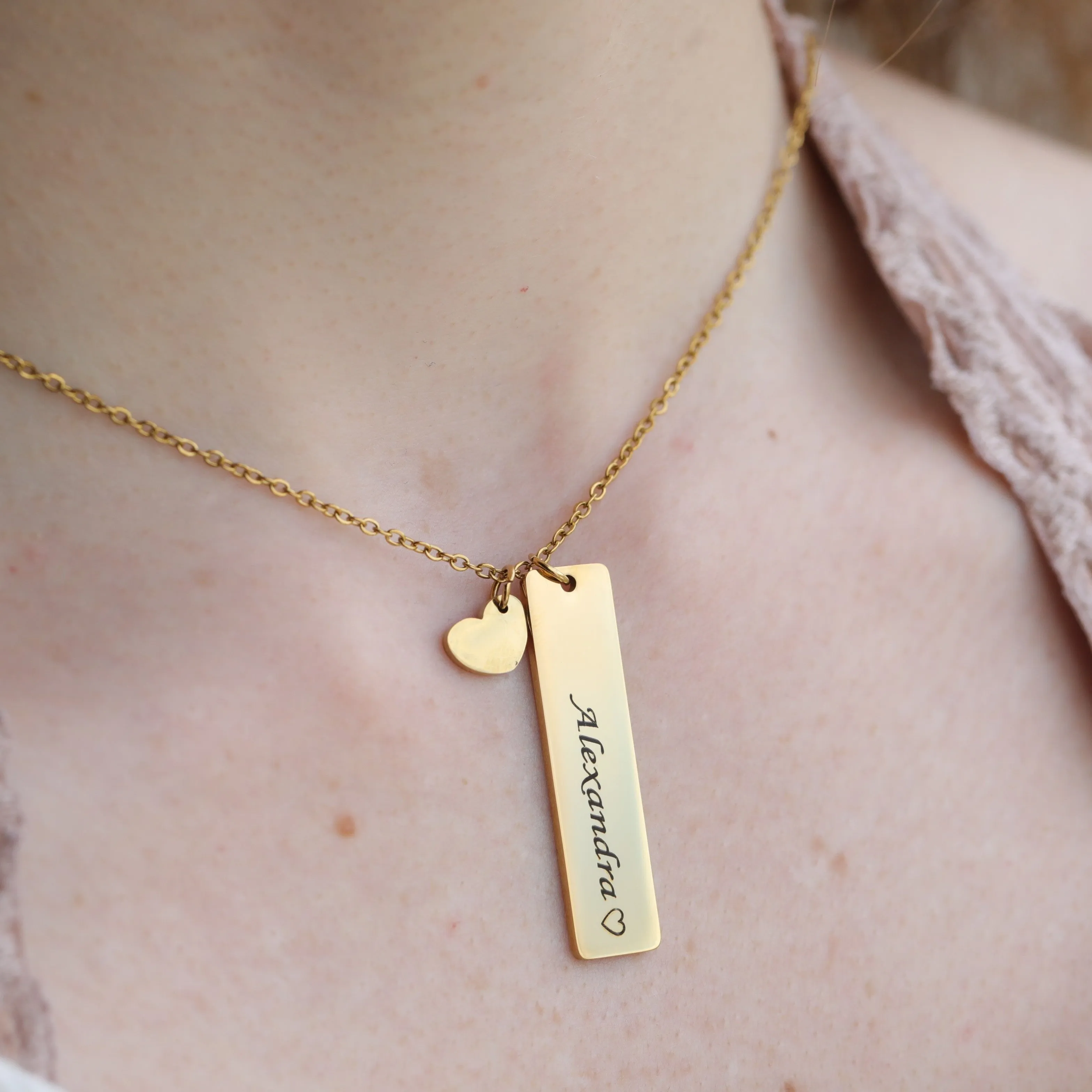 18K Gold-Filled Personalized Name Charm Necklace - Custom Gold Bar & Heart Pendant Necklace