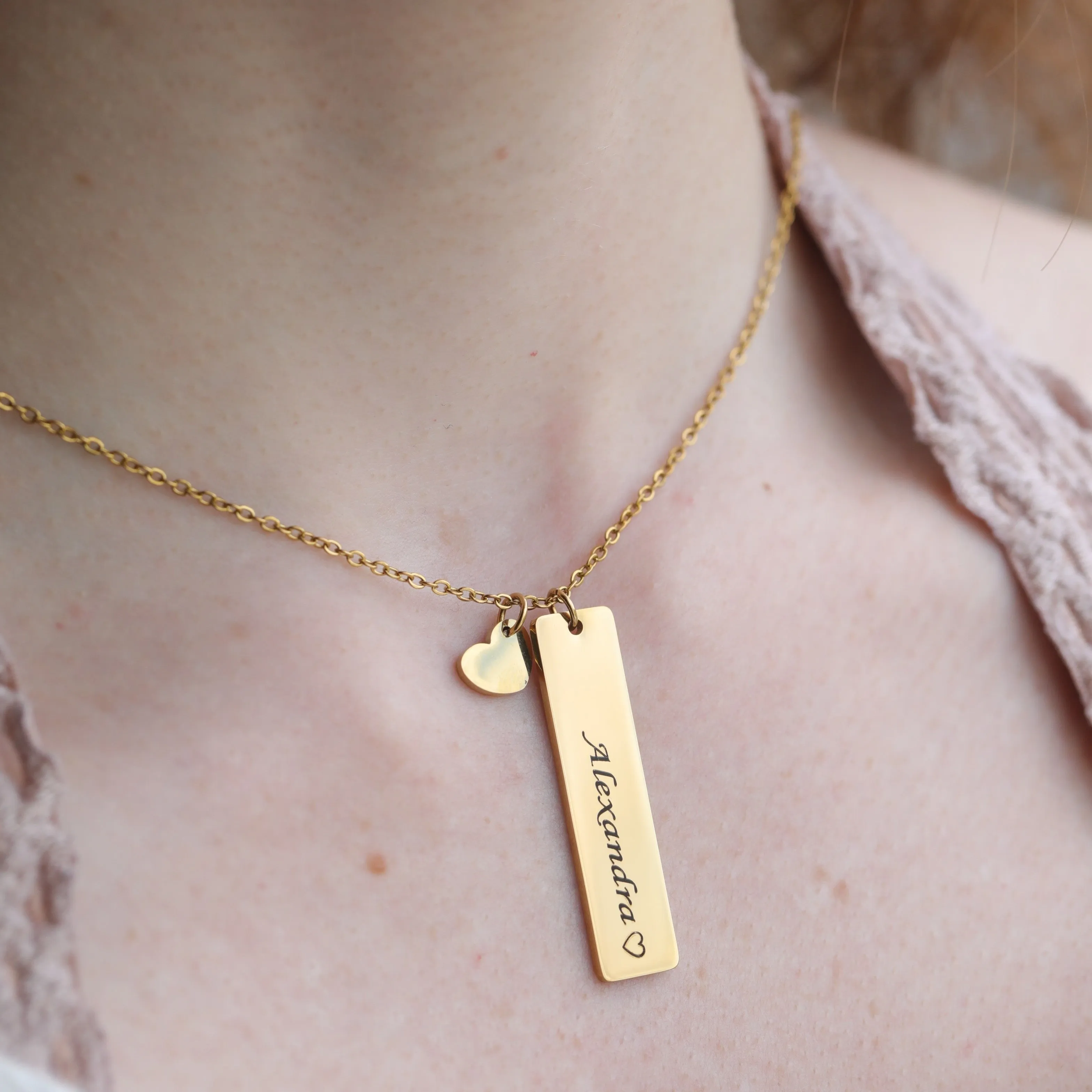 18K Gold-Filled Personalized Name Charm Necklace - Custom Gold Bar & Heart Pendant Necklace