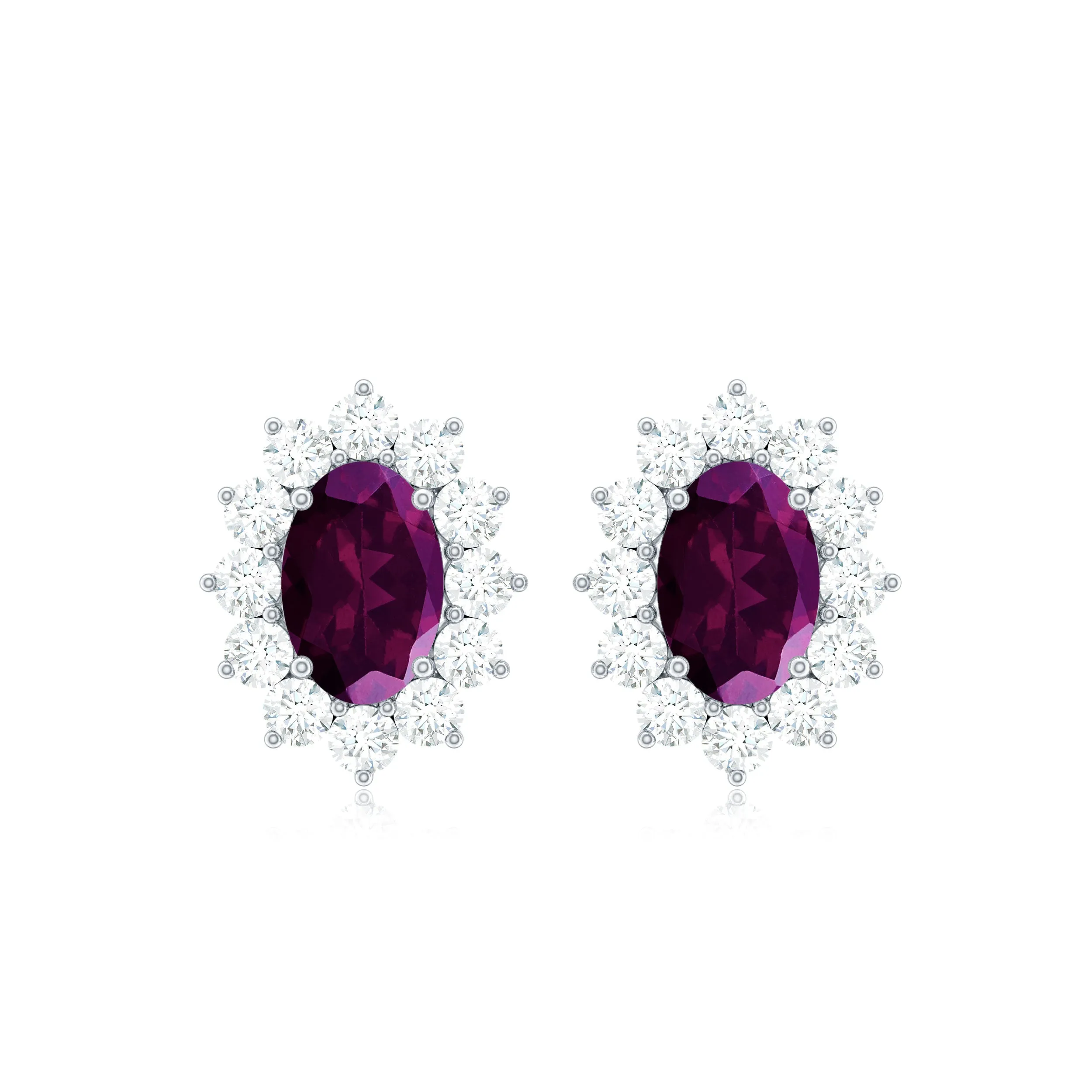 2 CT Oval Cut Rhodolite and Diamond Starburst Stud Earrings