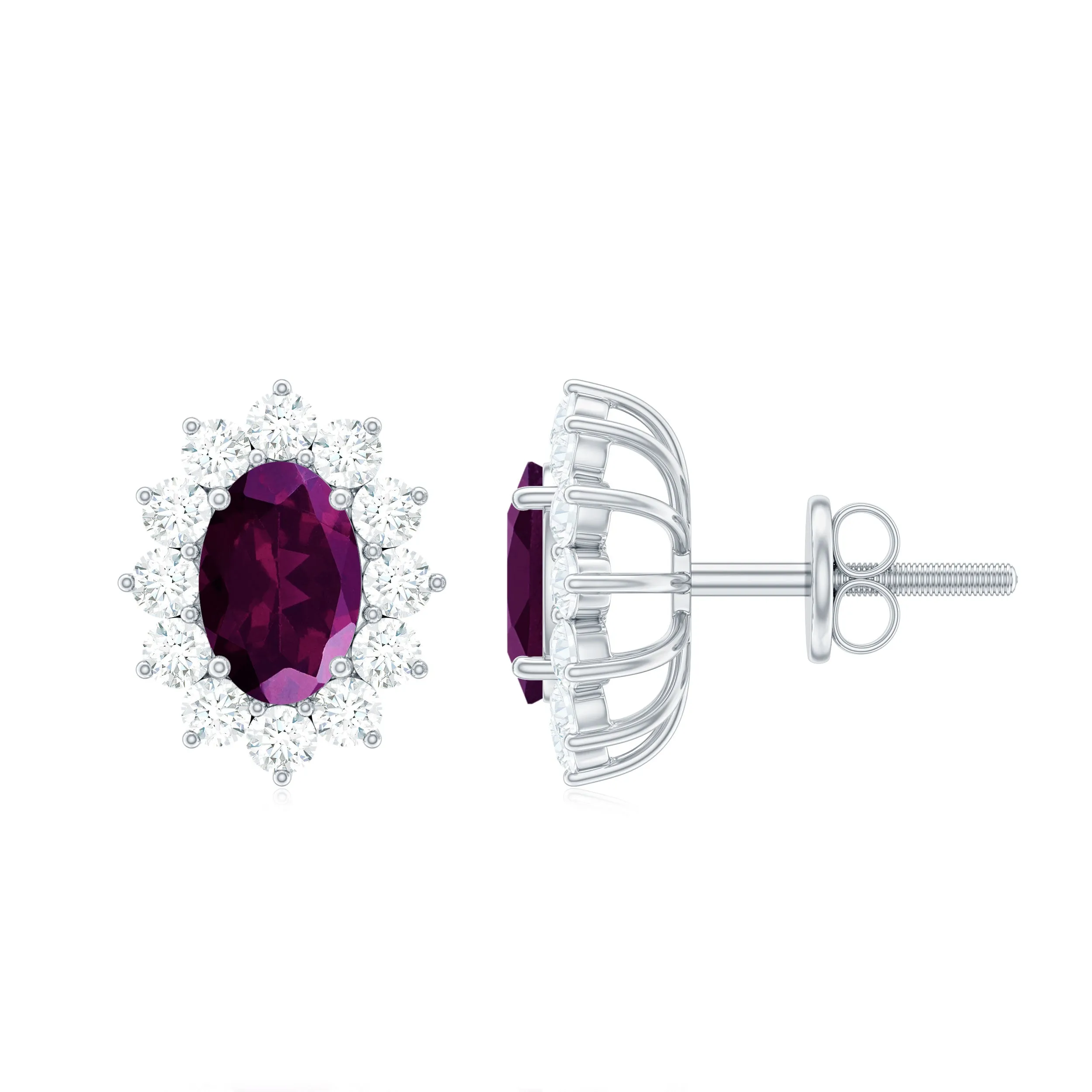 2 CT Oval Cut Rhodolite and Diamond Starburst Stud Earrings