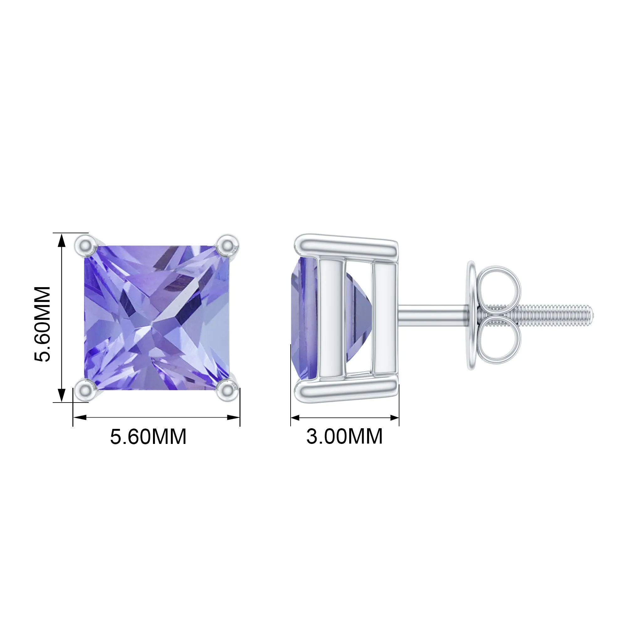 4 MM Princess Cut Tanzanite Solitaire Stud Earrings