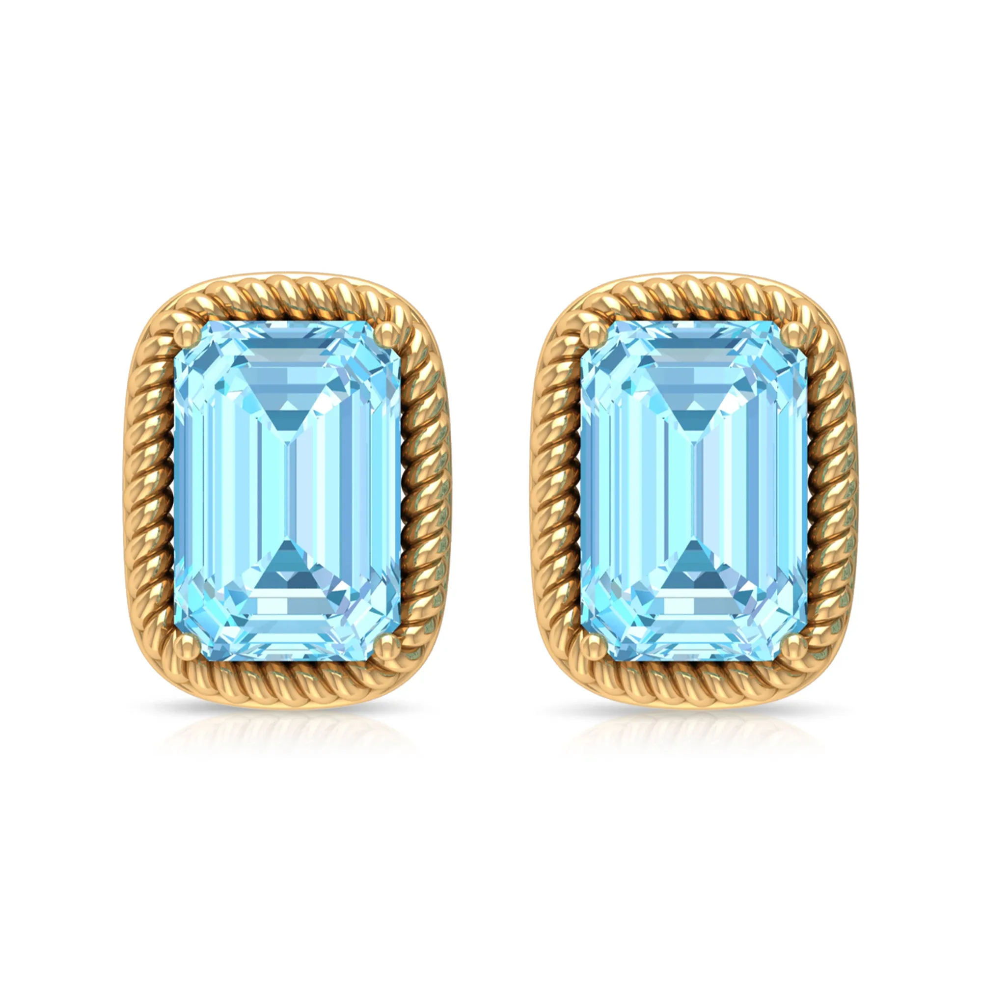 4X6 MM Octagon Cut Aquamarine Solitaire and Gold Minimal Stud Earrings