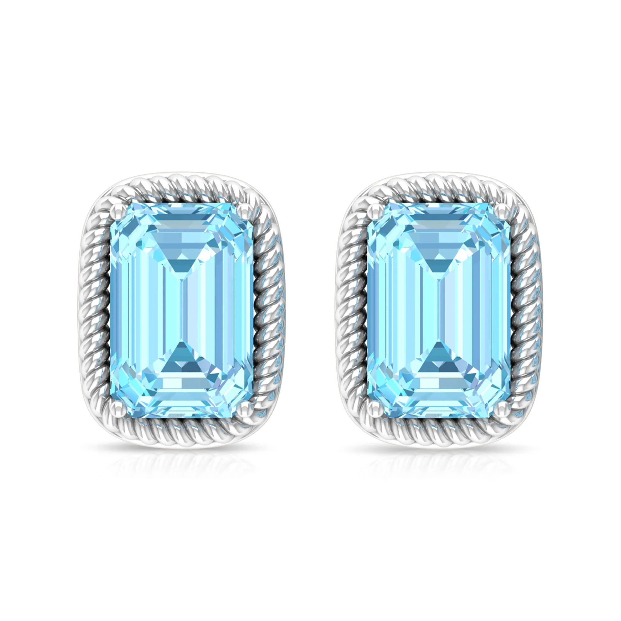 4X6 MM Octagon Cut Aquamarine Solitaire and Gold Minimal Stud Earrings