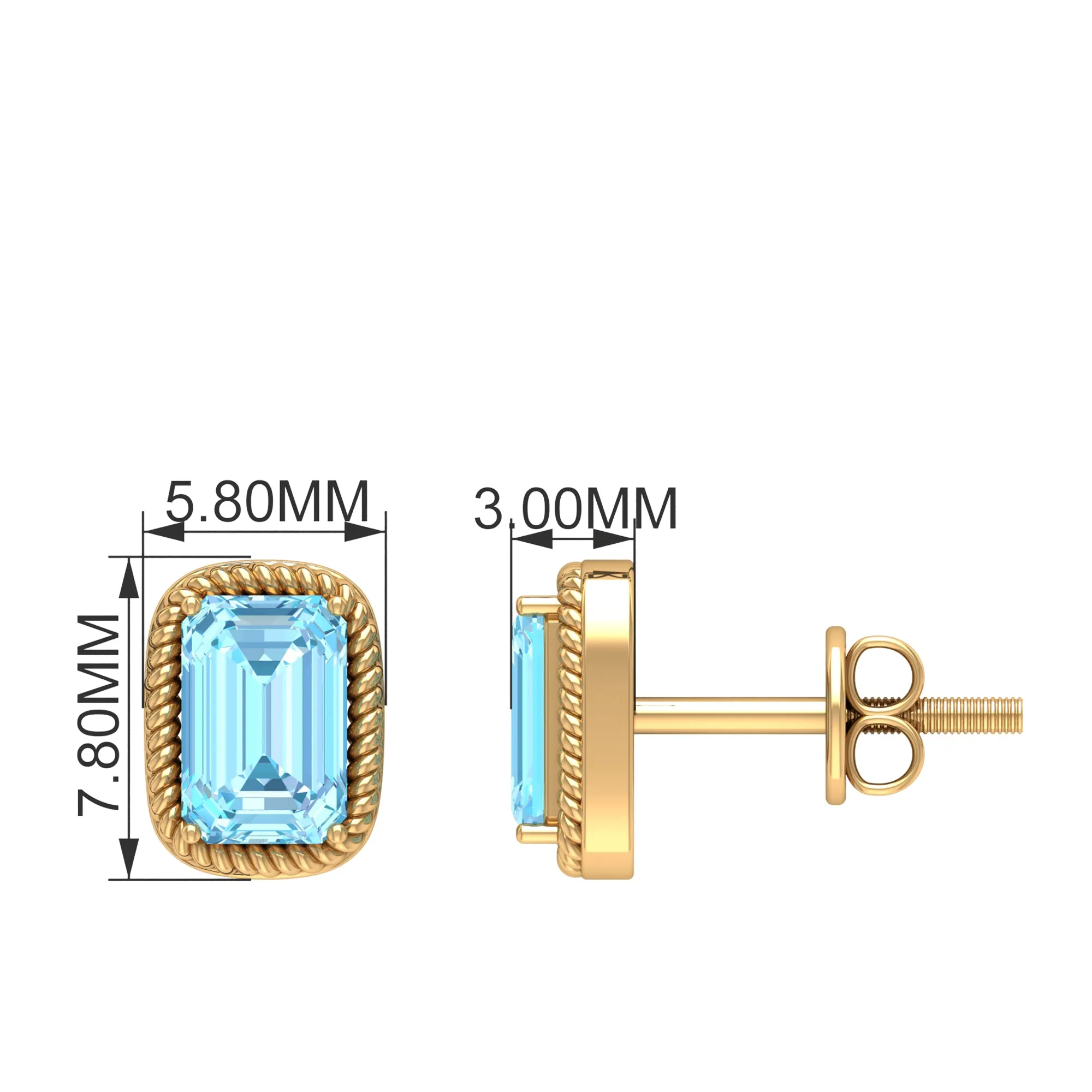 4X6 MM Octagon Cut Aquamarine Solitaire and Gold Minimal Stud Earrings