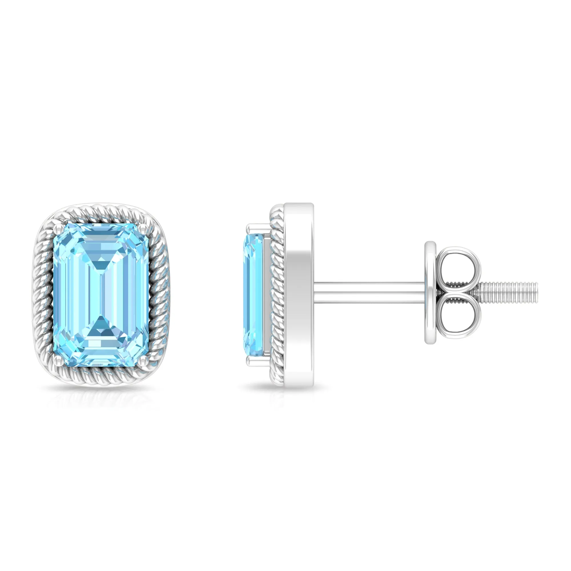 4X6 MM Octagon Cut Aquamarine Solitaire and Gold Minimal Stud Earrings