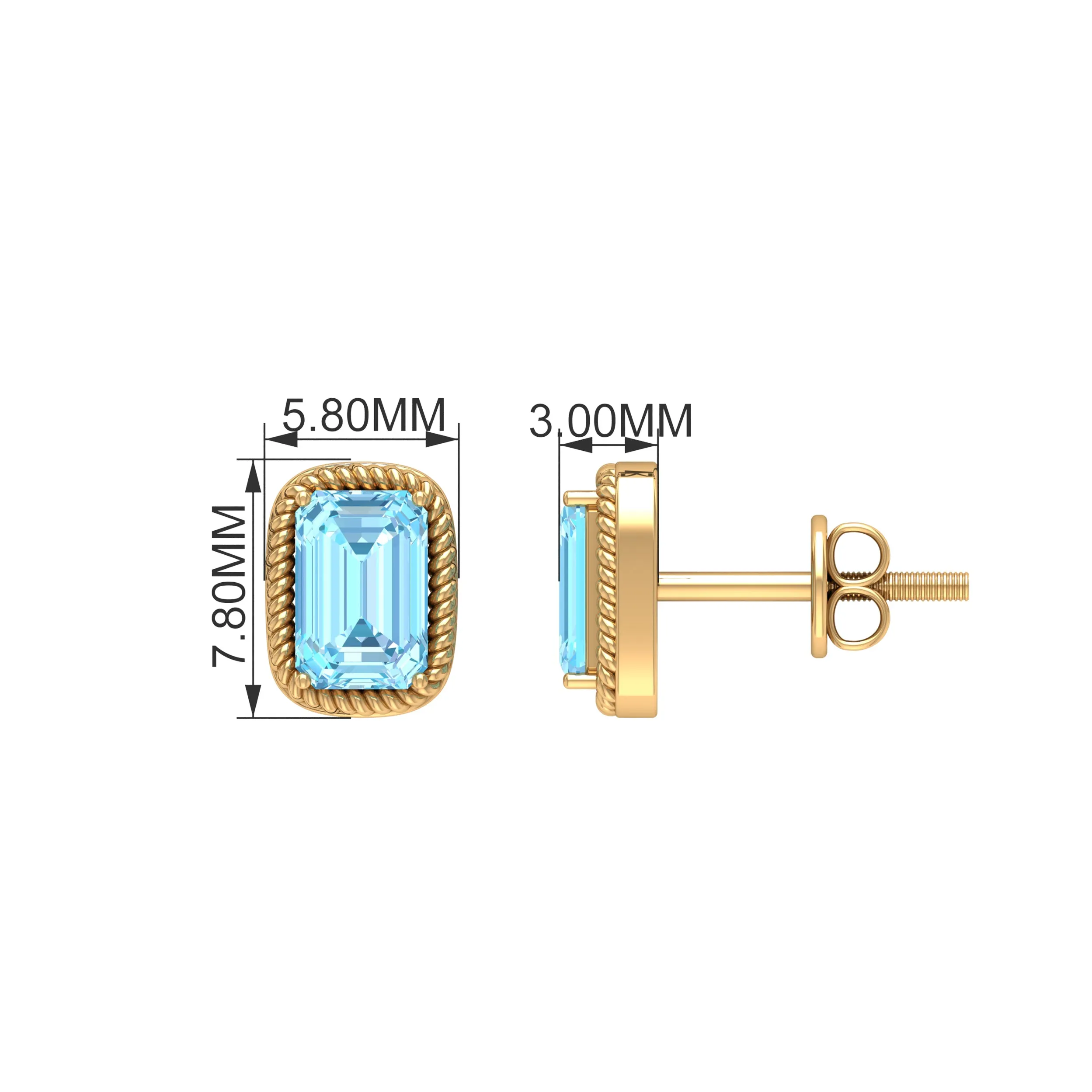 4X6 MM Octagon Cut Aquamarine Solitaire and Gold Minimal Stud Earrings