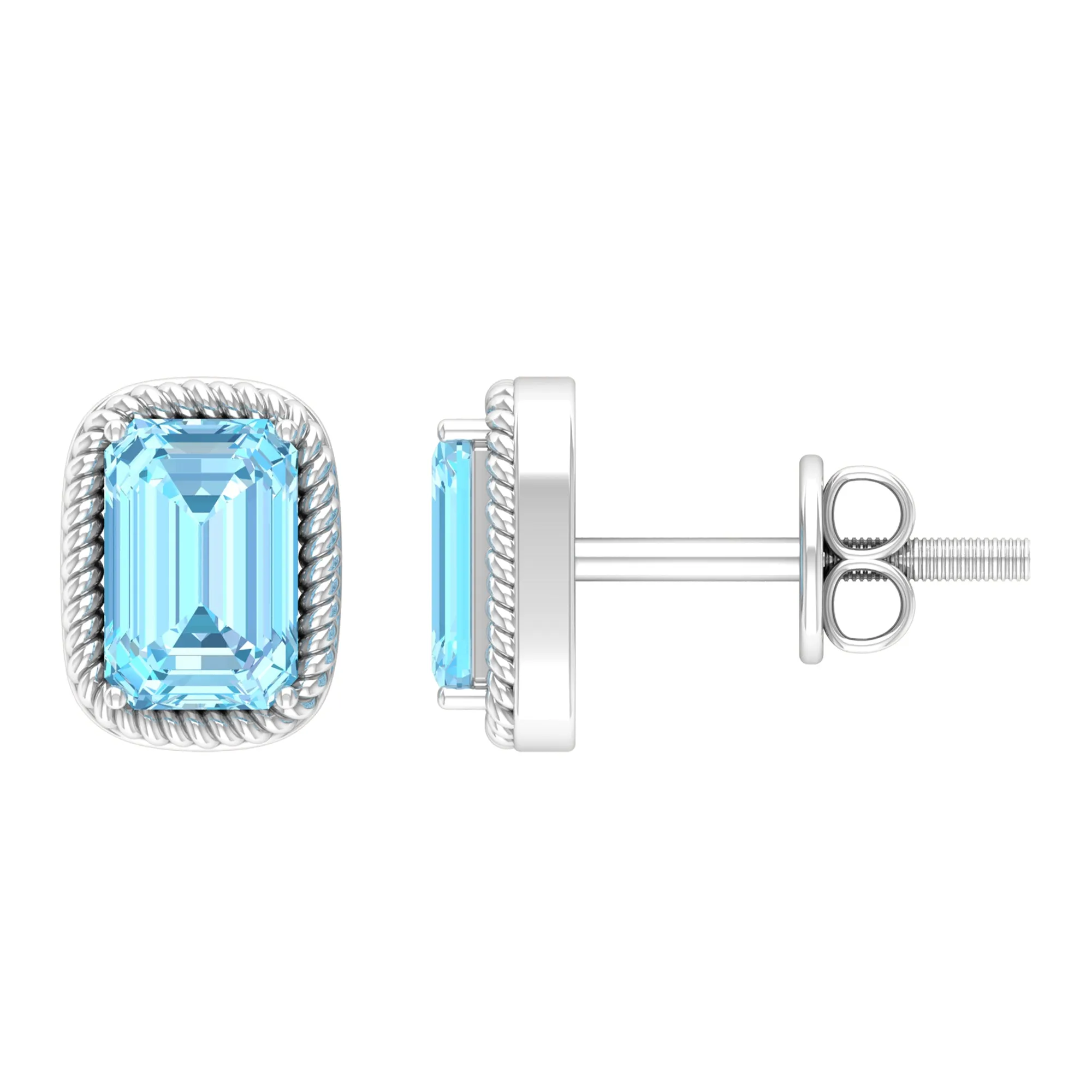 4X6 MM Octagon Cut Aquamarine Solitaire and Gold Minimal Stud Earrings