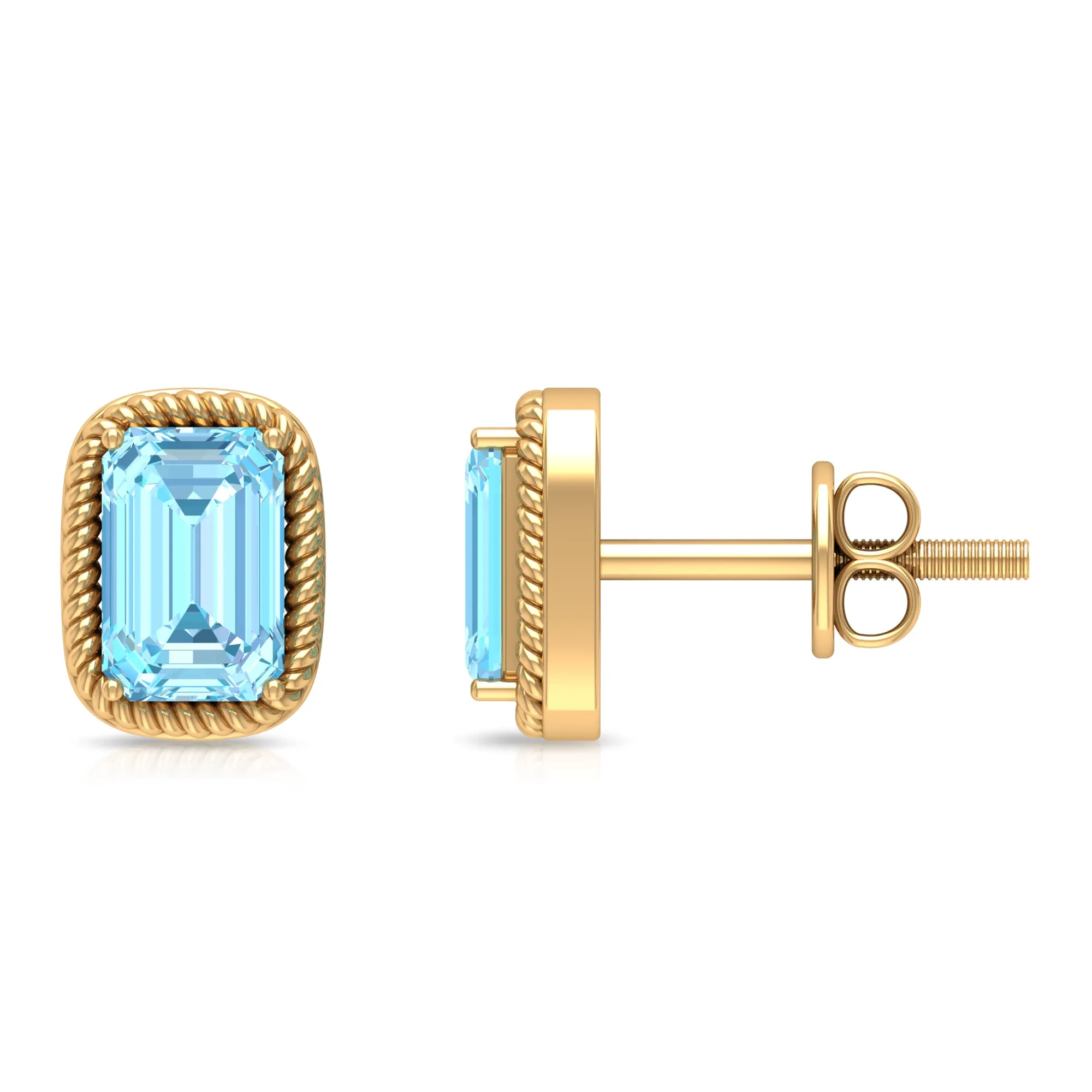 4X6 MM Octagon Cut Aquamarine Solitaire and Gold Minimal Stud Earrings