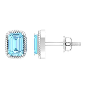 4X6 MM Octagon Cut Aquamarine Solitaire and Gold Minimal Stud Earrings