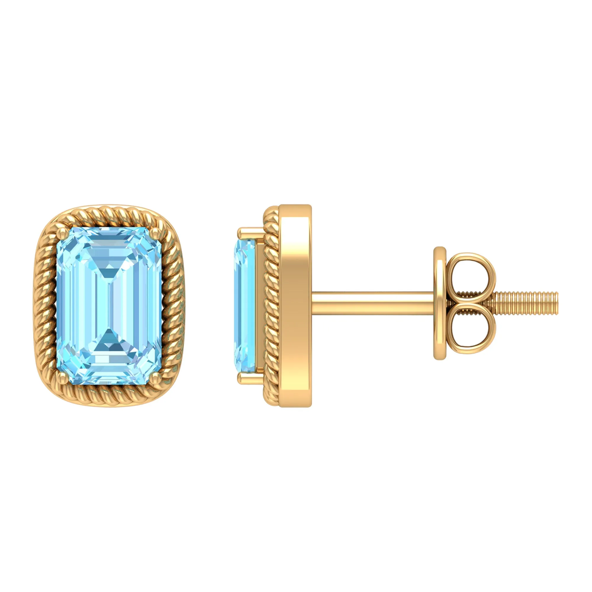 4X6 MM Octagon Cut Aquamarine Solitaire and Gold Minimal Stud Earrings