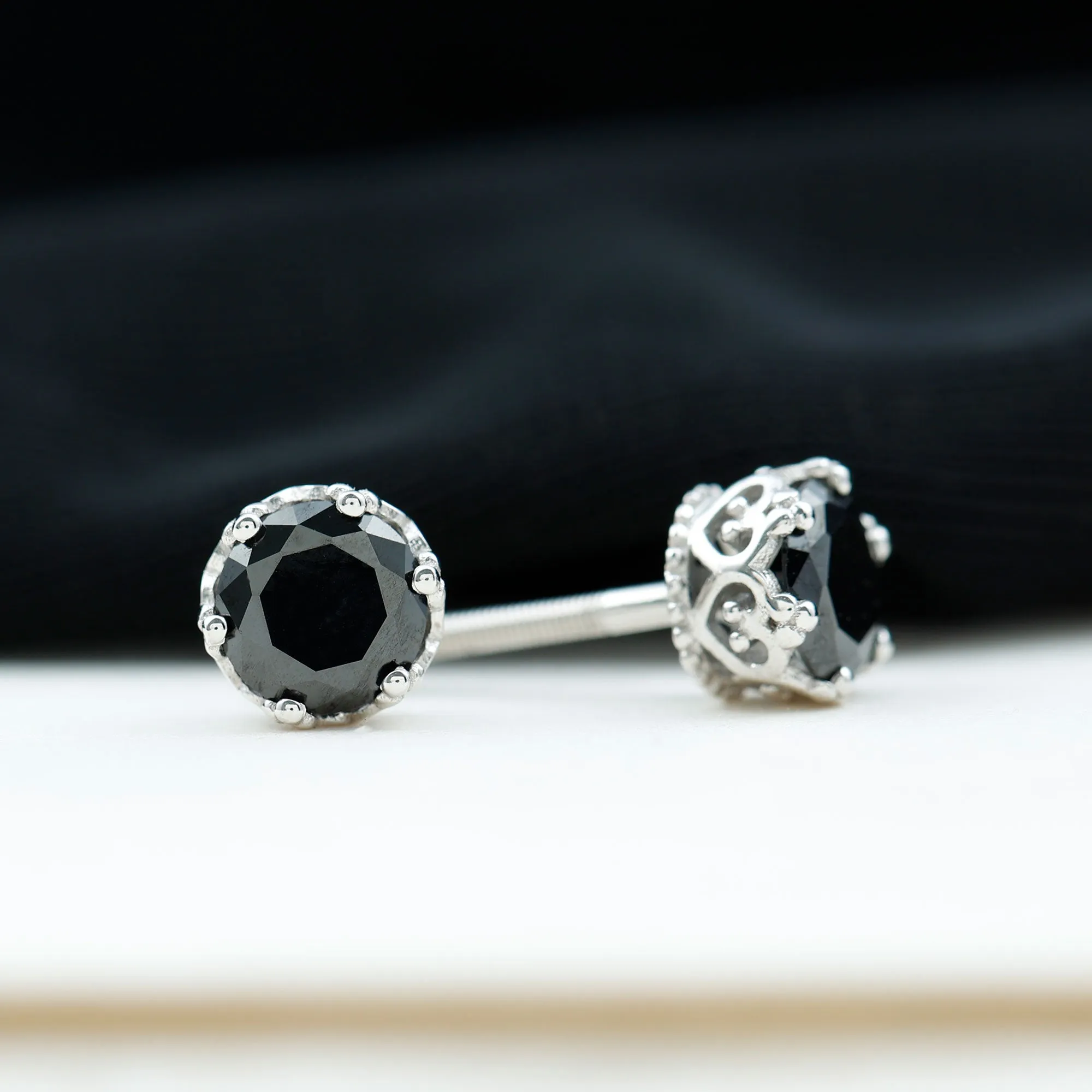 7 MM Black Spinel Solitaire Crown Stud Earrings