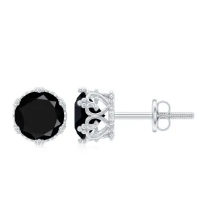 7 MM Black Spinel Solitaire Crown Stud Earrings