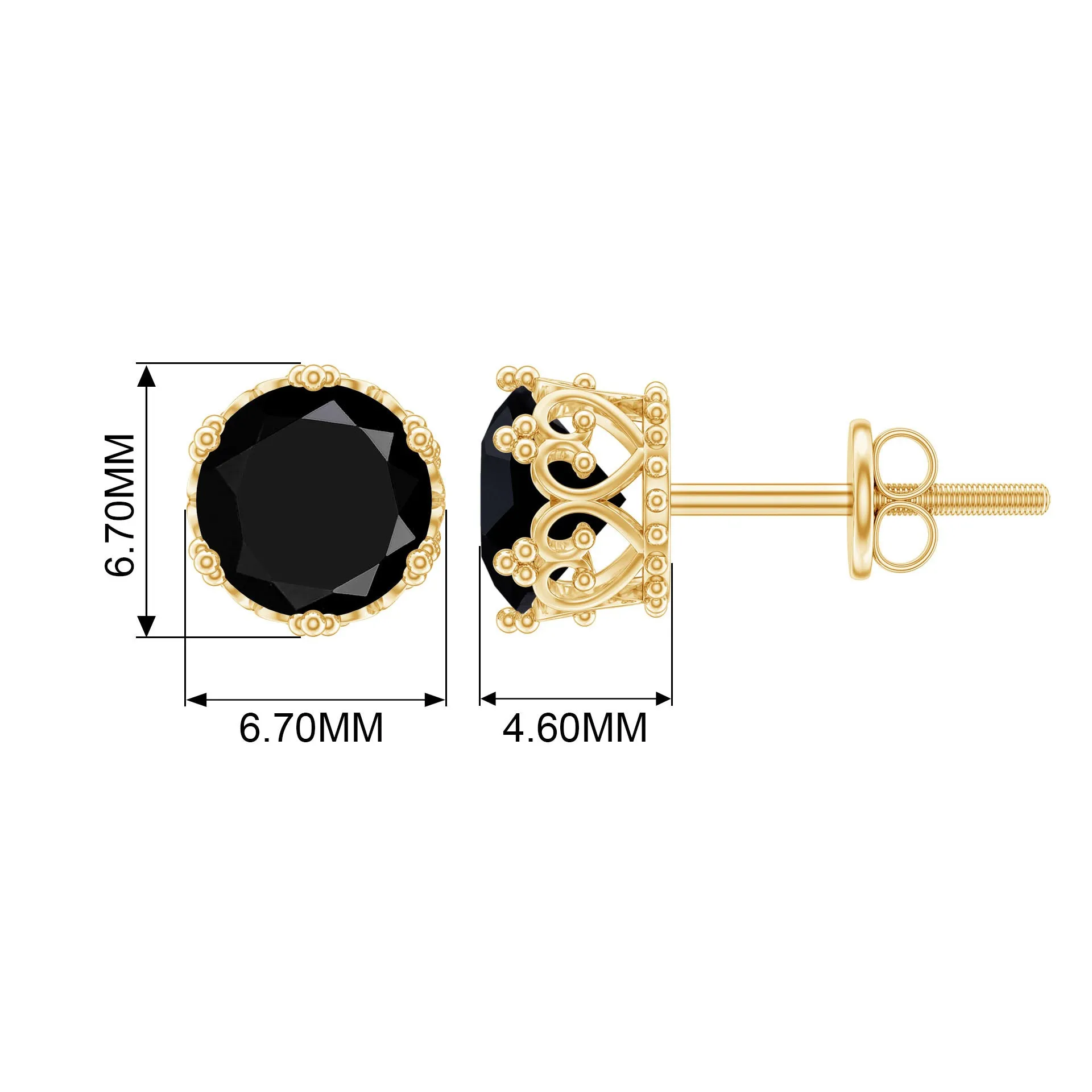 7 MM Black Spinel Solitaire Crown Stud Earrings