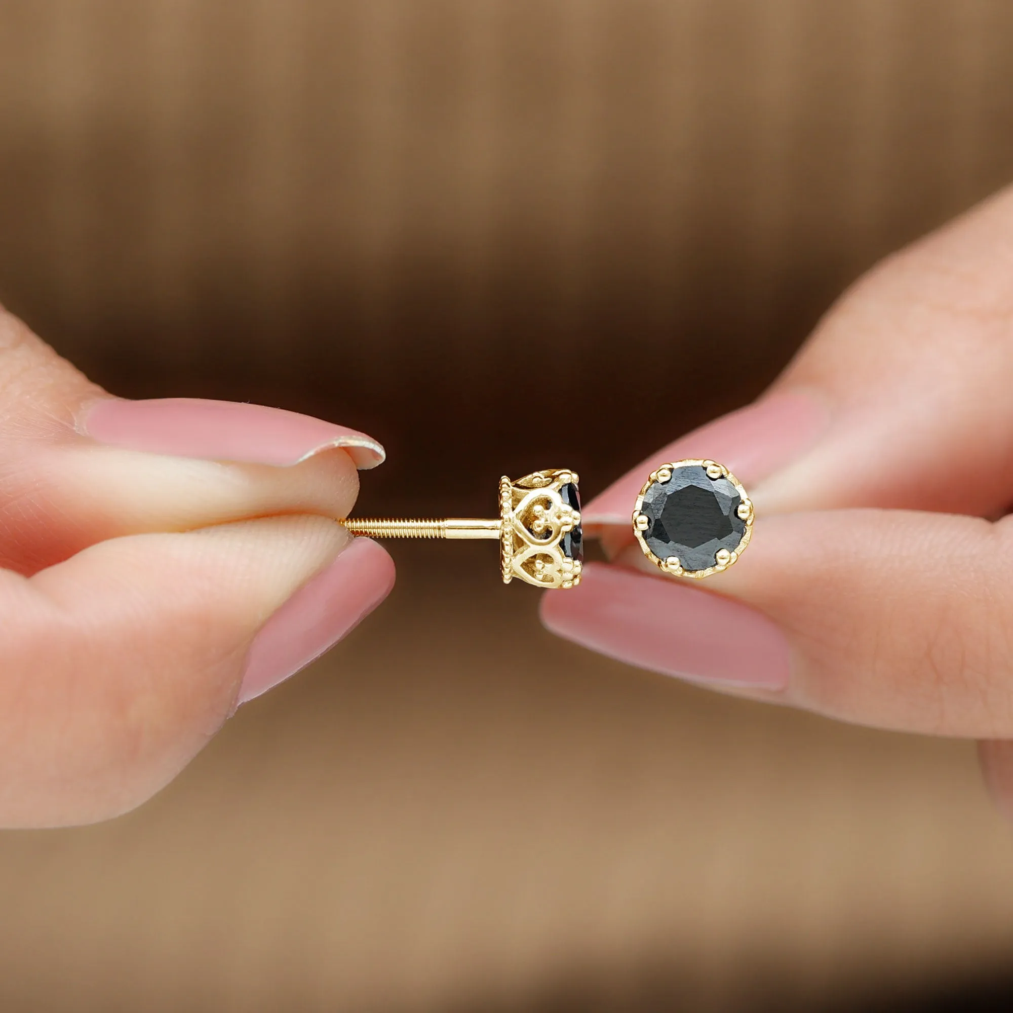 7 MM Black Spinel Solitaire Crown Stud Earrings