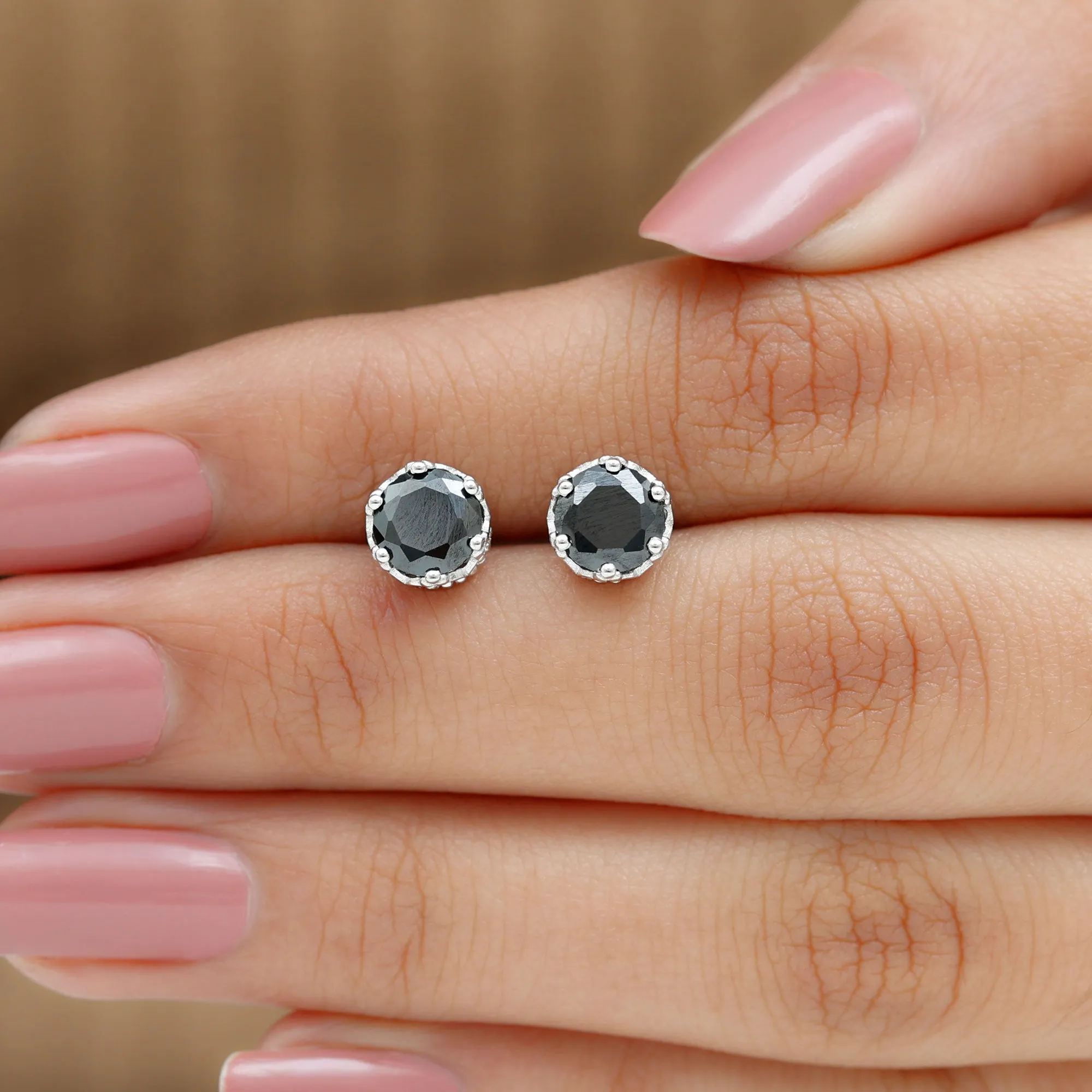 7 MM Black Spinel Solitaire Crown Stud Earrings