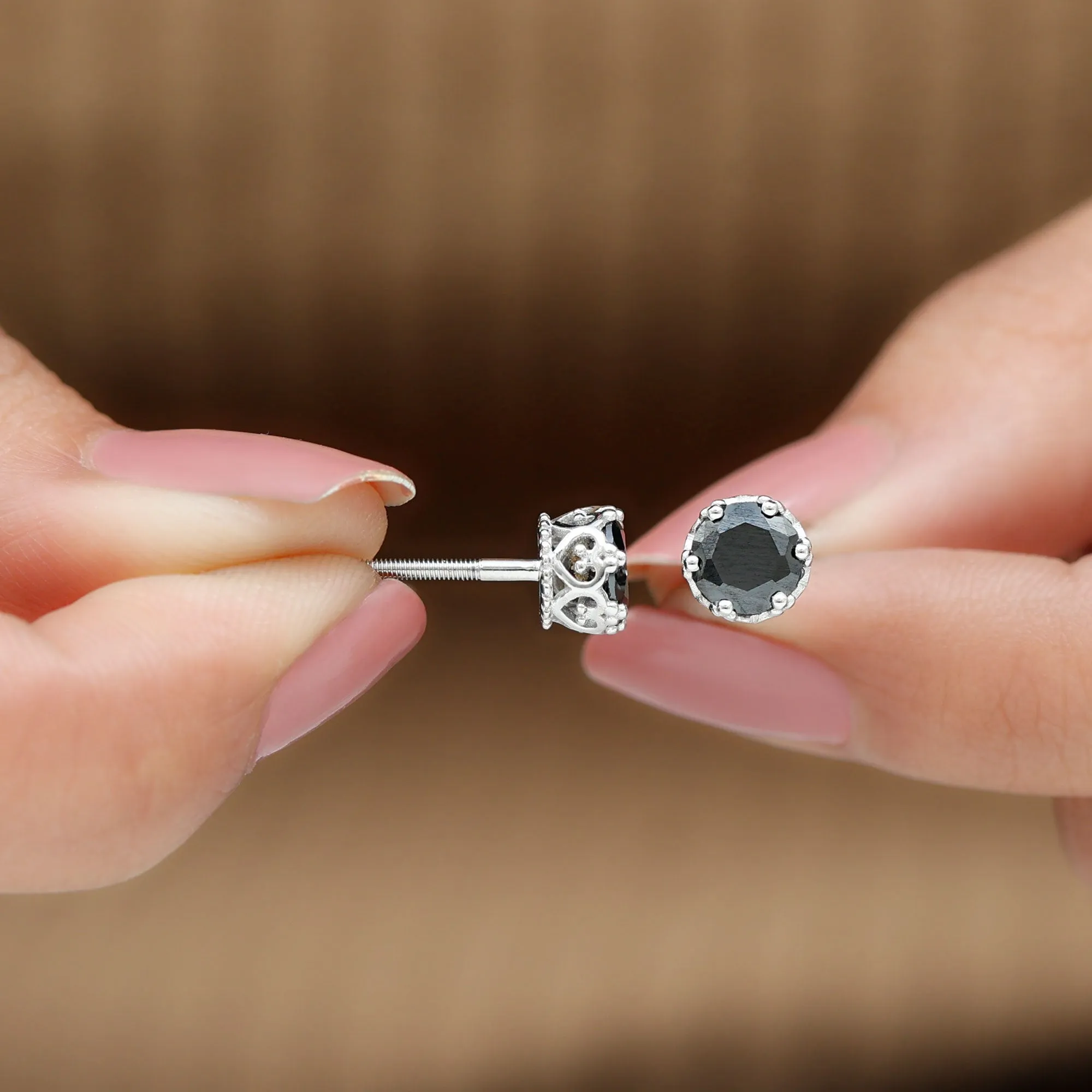 7 MM Black Spinel Solitaire Crown Stud Earrings