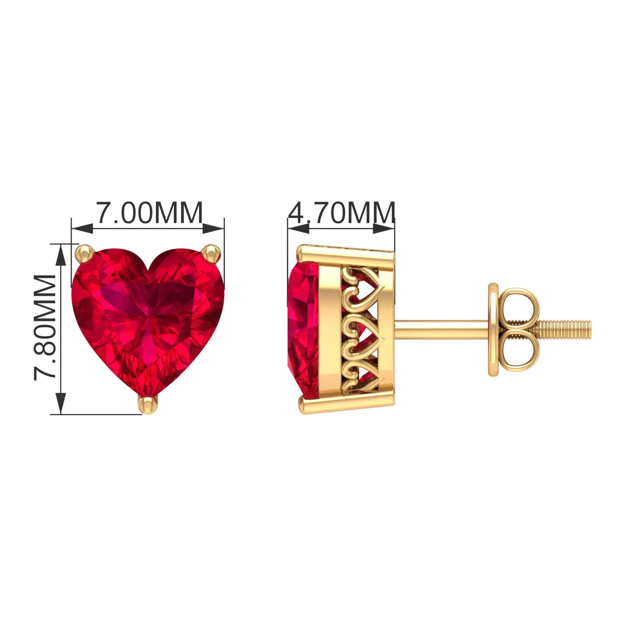 7 MM Heart Shape Created Ruby Solitaire Stud Earrings in 3-Prong Setting (AAAA Quality)