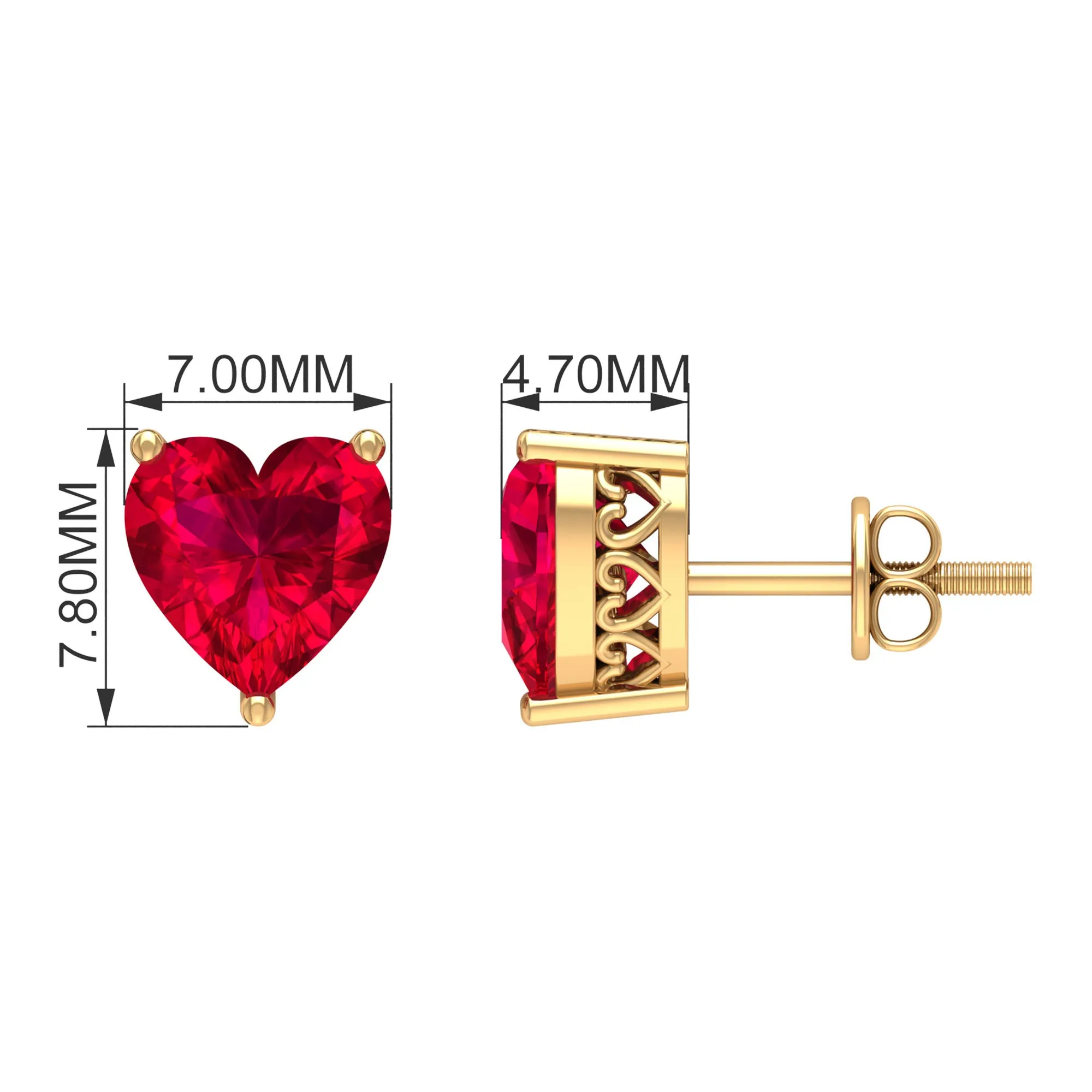 7 MM Heart Shape Created Ruby Solitaire Stud Earrings in 3-Prong Setting (AAAA Quality)