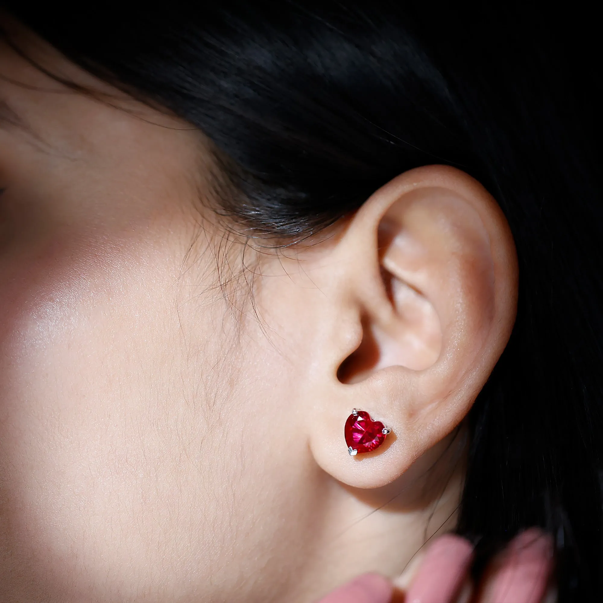 7 MM Heart Shape Created Ruby Solitaire Stud Earrings in 3-Prong Setting (AAAA Quality)