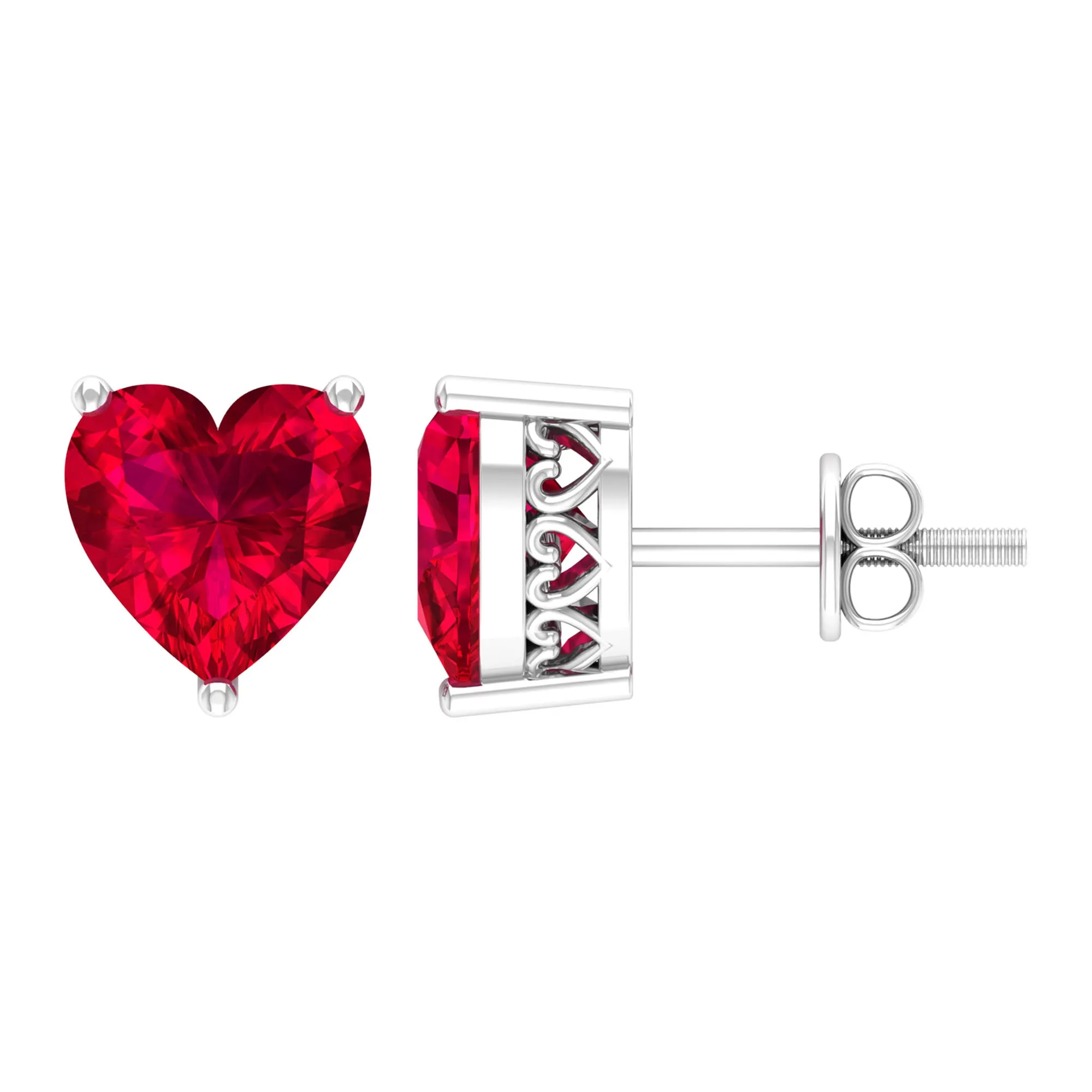 7 MM Heart Shape Created Ruby Solitaire Stud Earrings in 3-Prong Setting (AAAA Quality)