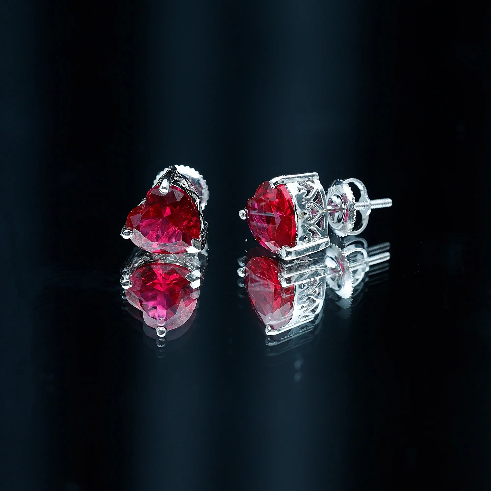 7 MM Heart Shape Created Ruby Solitaire Stud Earrings in 3-Prong Setting (AAAA Quality)