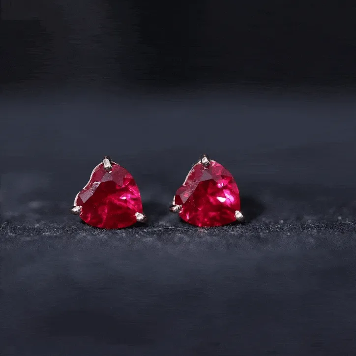 7 MM Heart Shape Created Ruby Solitaire Stud Earrings in 3-Prong Setting (AAAA Quality)