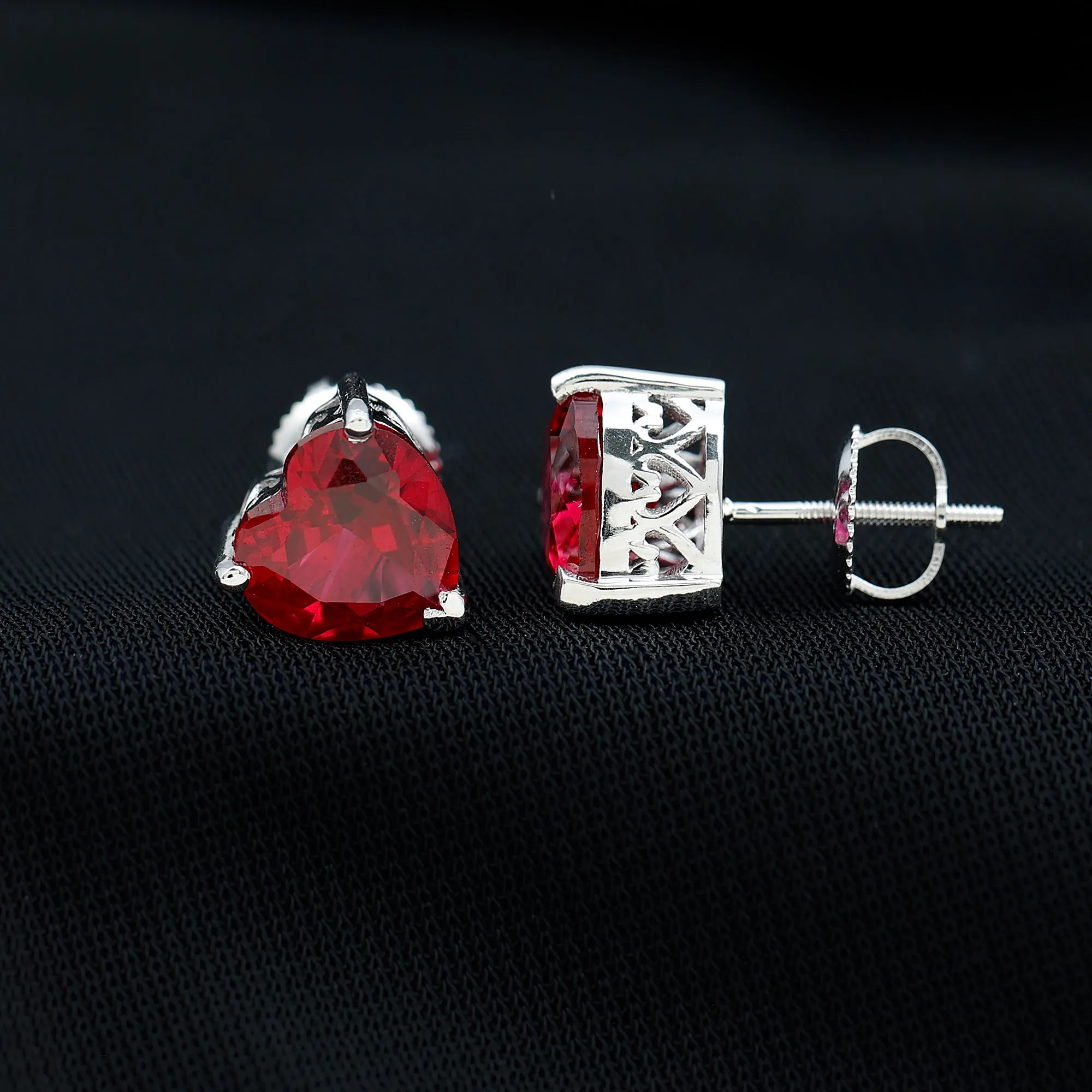 7 MM Heart Shape Created Ruby Solitaire Stud Earrings in 3-Prong Setting (AAAA Quality)