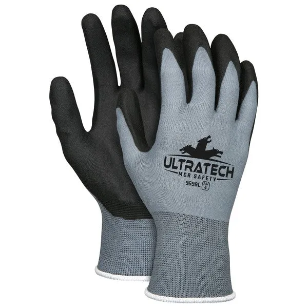 9699L MCR Safety UltraTech Gloves, Large, Nylon, Black, Knit Wrist Cuff