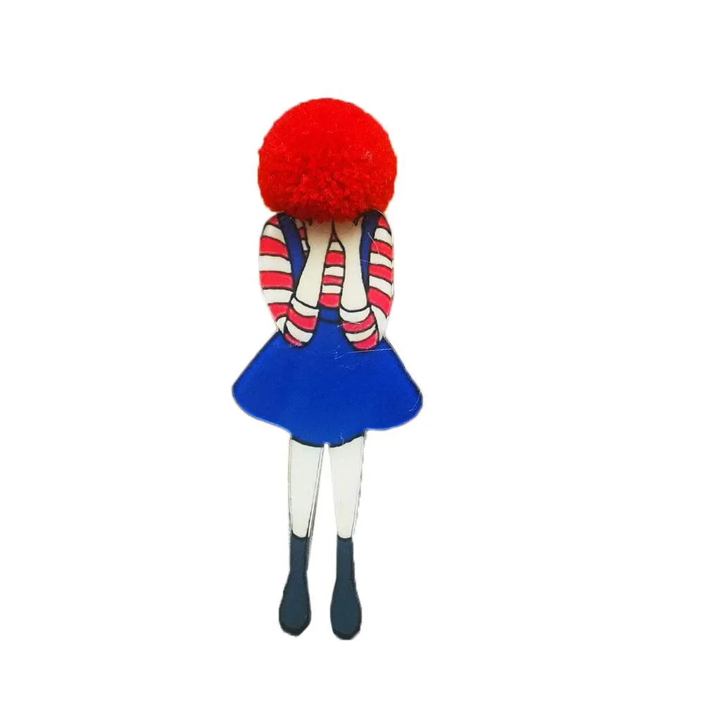 Adorable Girl Cartoon Models Pompom Brooch Pins Accessories