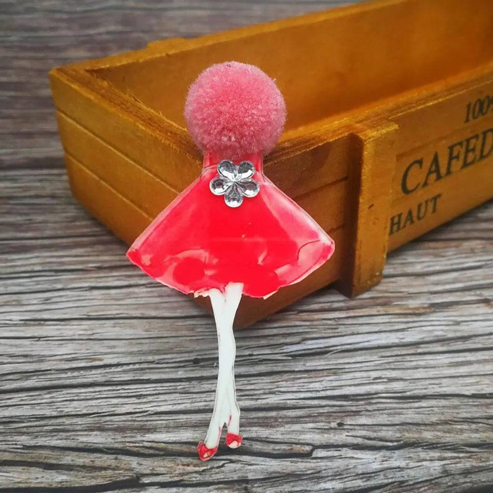 Adorable Girl Cartoon Models Pompom Brooch Pins Accessories