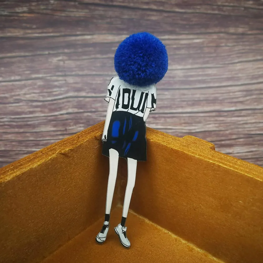 Adorable Girl Cartoon Models Pompom Brooch Pins Accessories