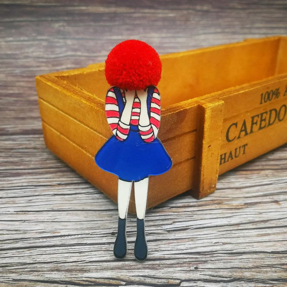 Adorable Girl Cartoon Models Pompom Brooch Pins Accessories