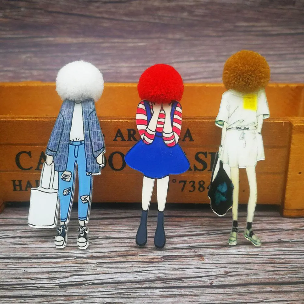 Adorable Girl Cartoon Models Pompom Brooch Pins Accessories