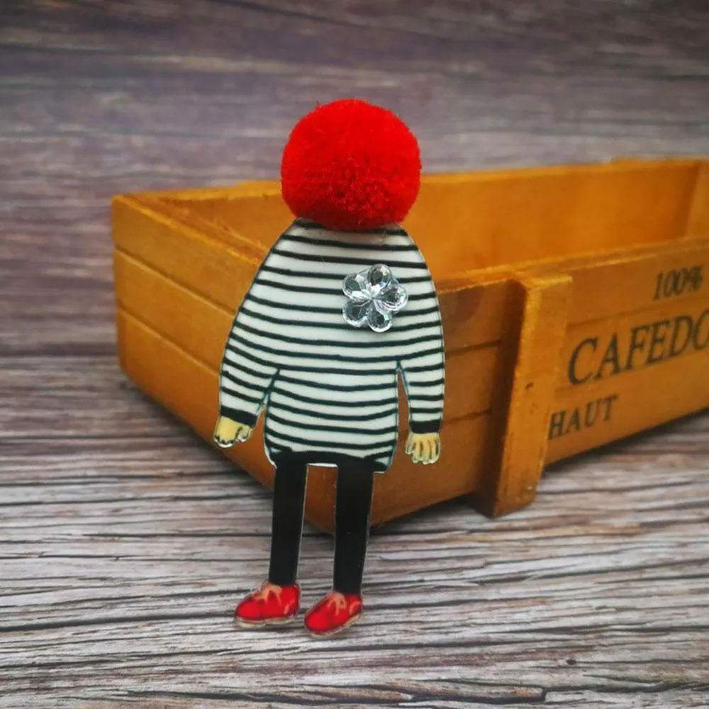 Adorable Girl Cartoon Models Pompom Brooch Pins Accessories