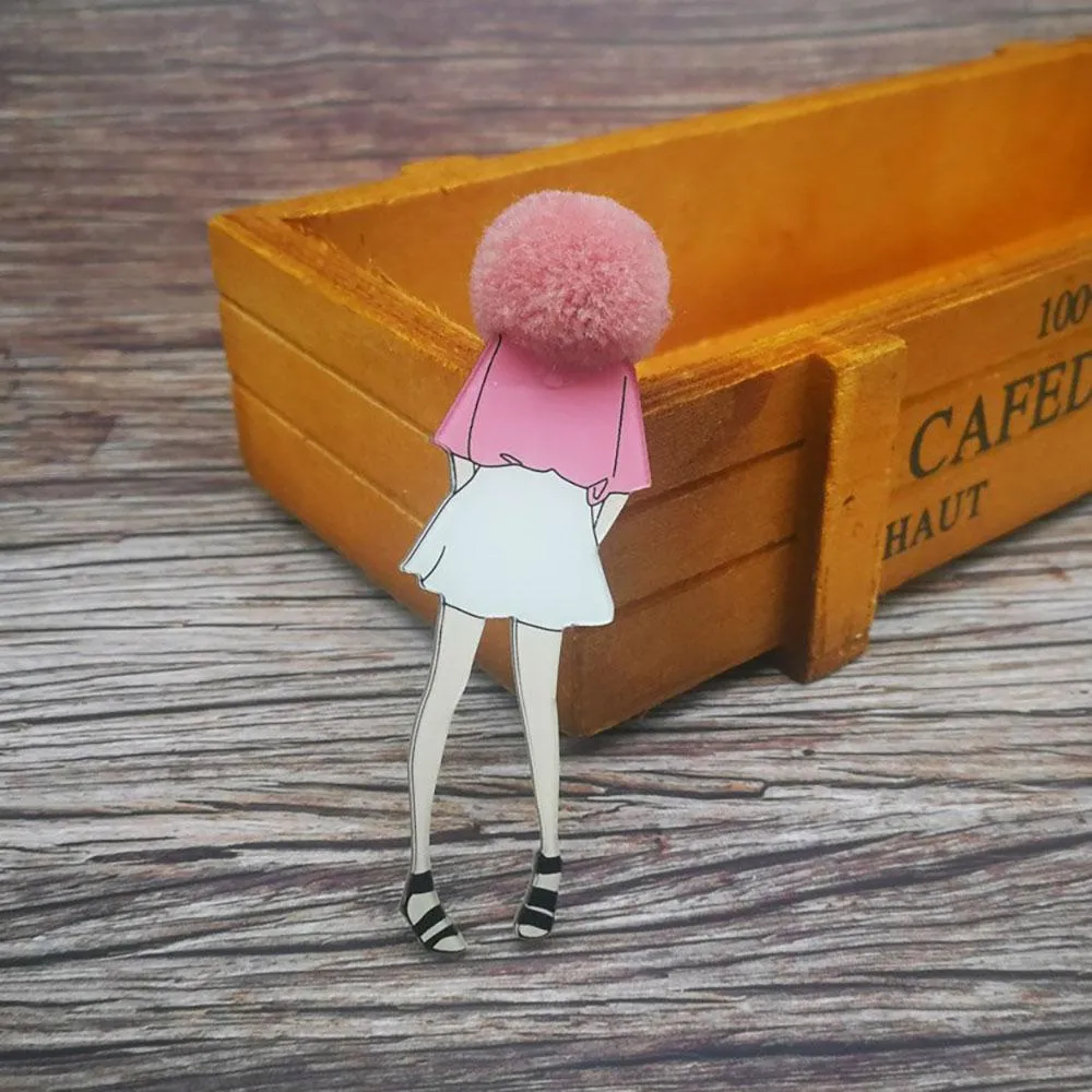 Adorable Girl Cartoon Models Pompom Brooch Pins Accessories