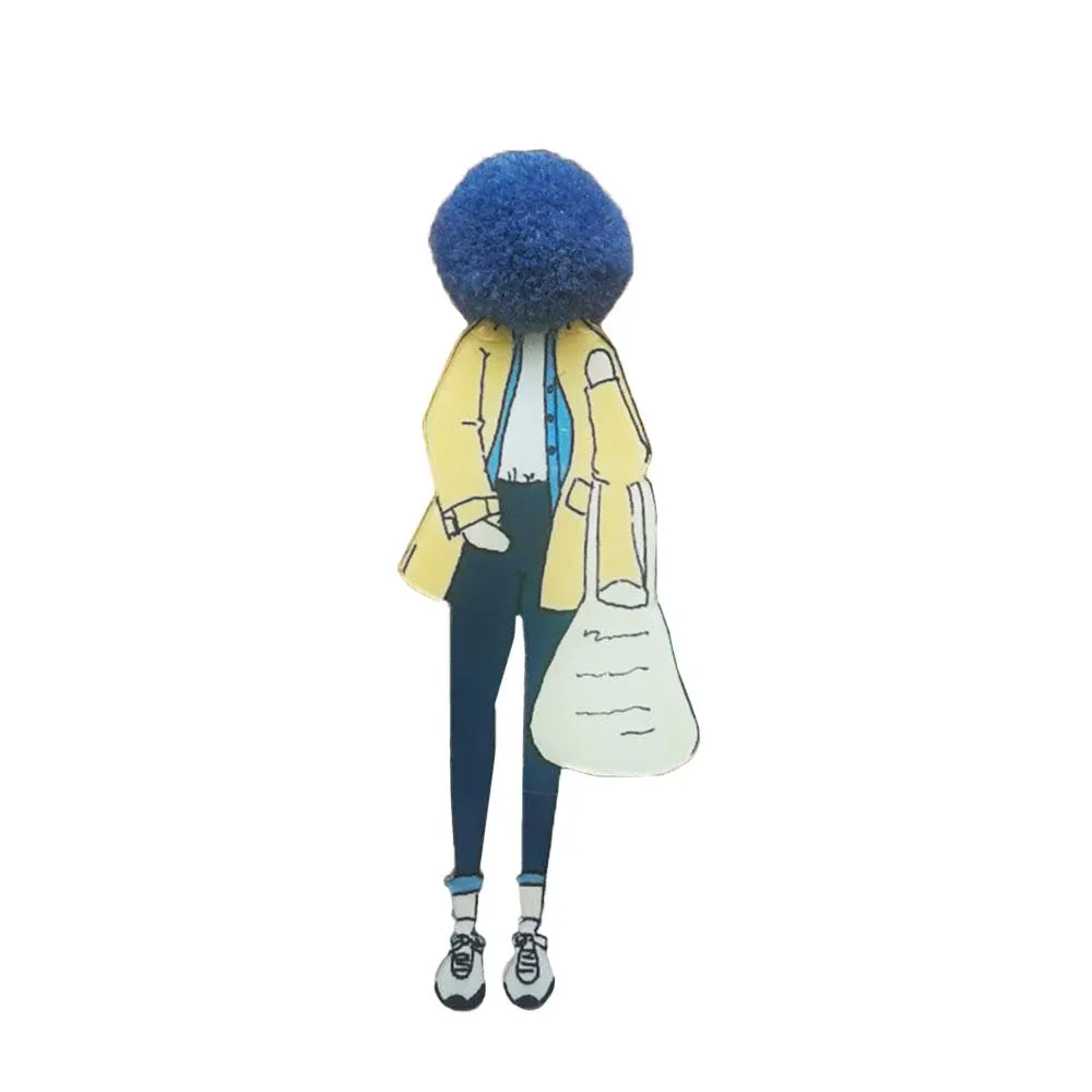 Adorable Girl Cartoon Models Pompom Brooch Pins Accessories