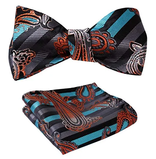 Aqua and Orange Paisley Floral Bow tie Set HDNX04