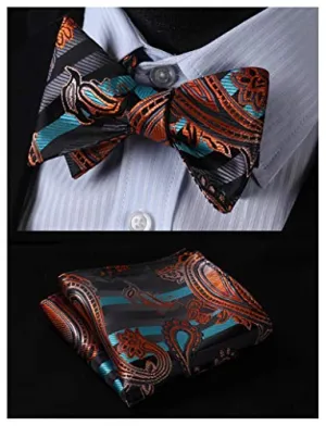 Aqua and Orange Paisley Floral Bow tie Set HDNX04