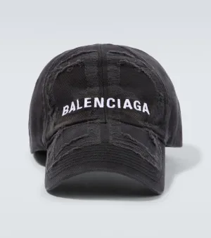 Balenciaga Ripped Cotton Baseball Cap, Black