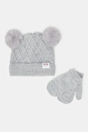 Boys Grey Knitted Cap With Gloves (Pack of 2)