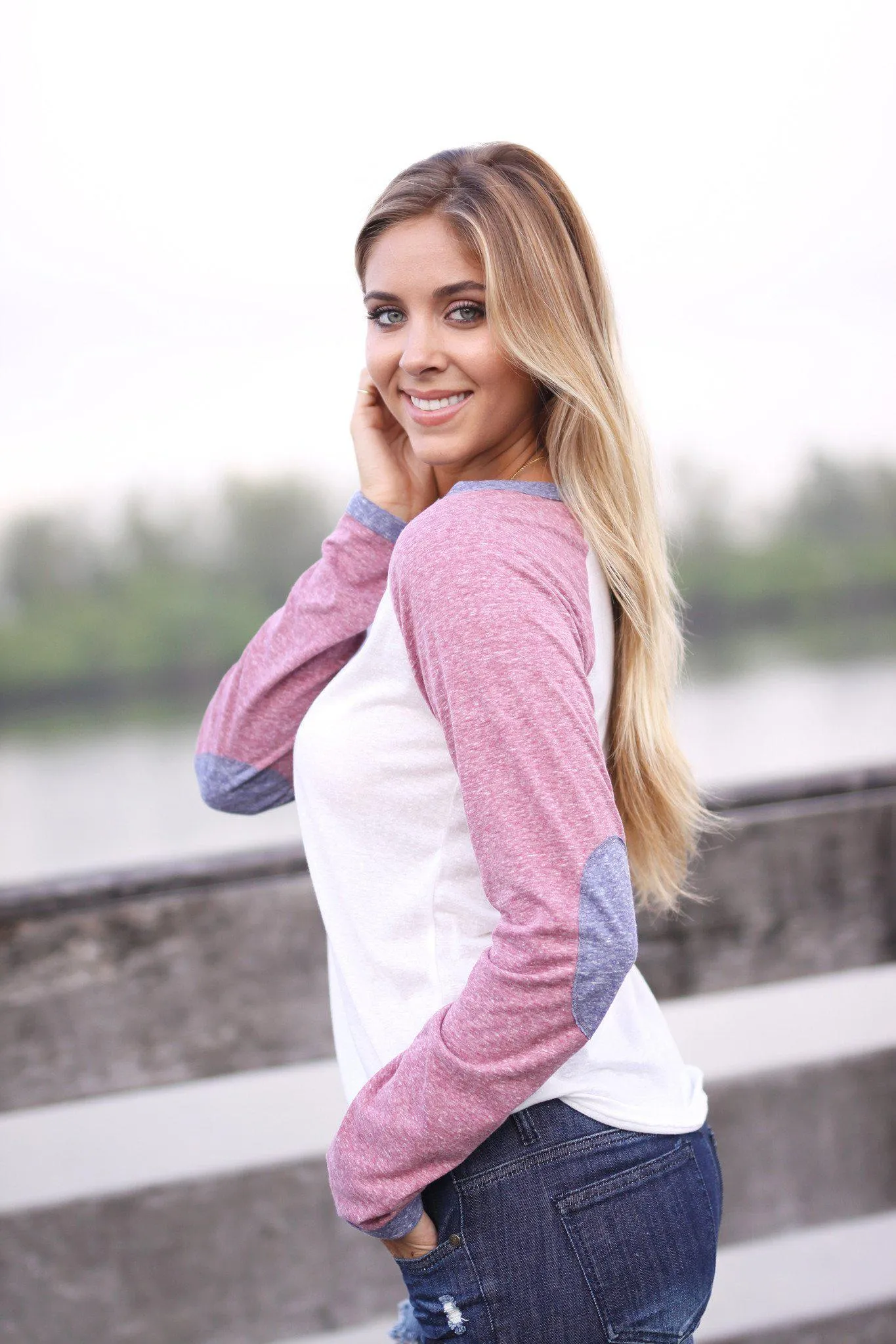 Burgundy Baseball Tee with Elbow Patches