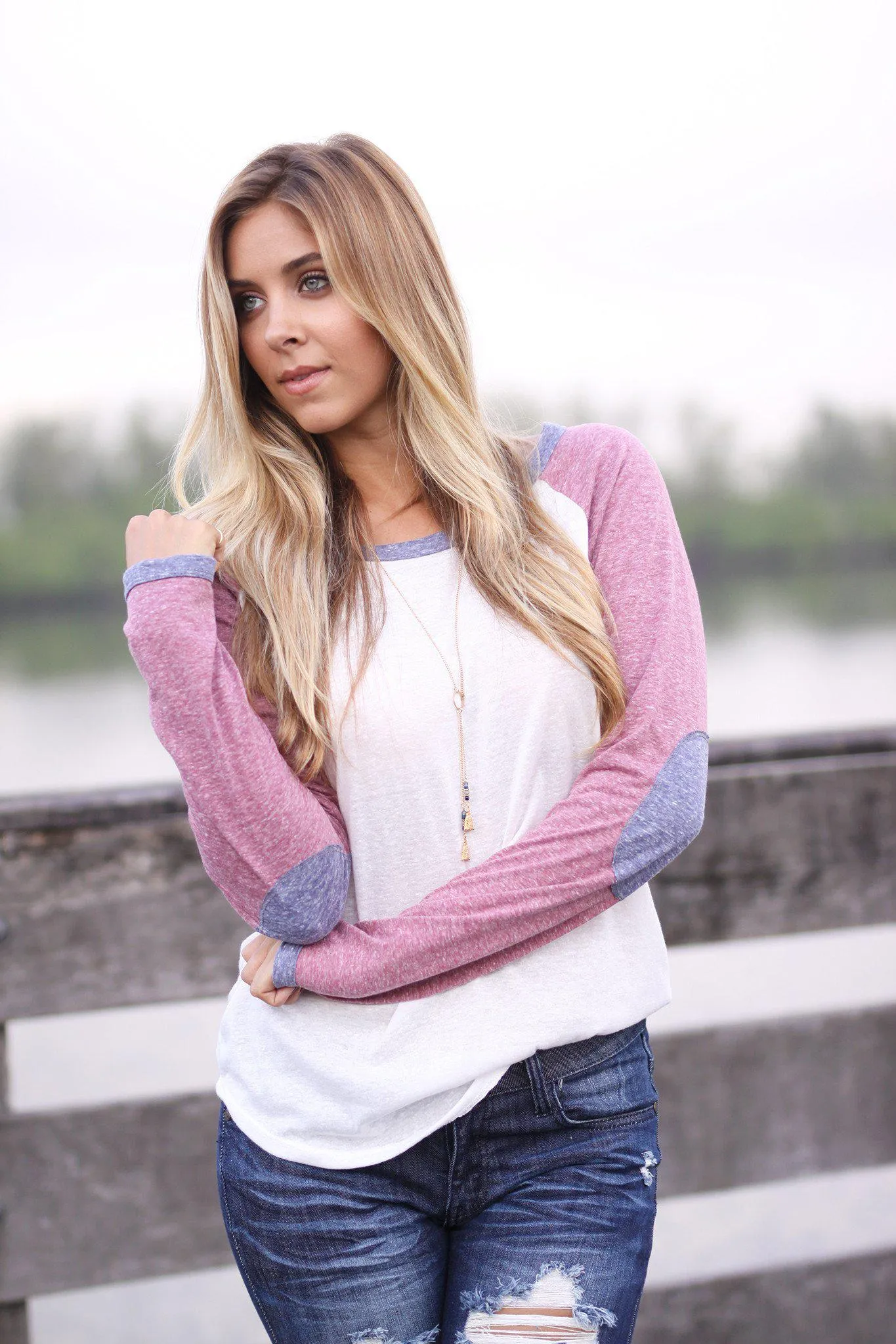 Burgundy Baseball Tee with Elbow Patches