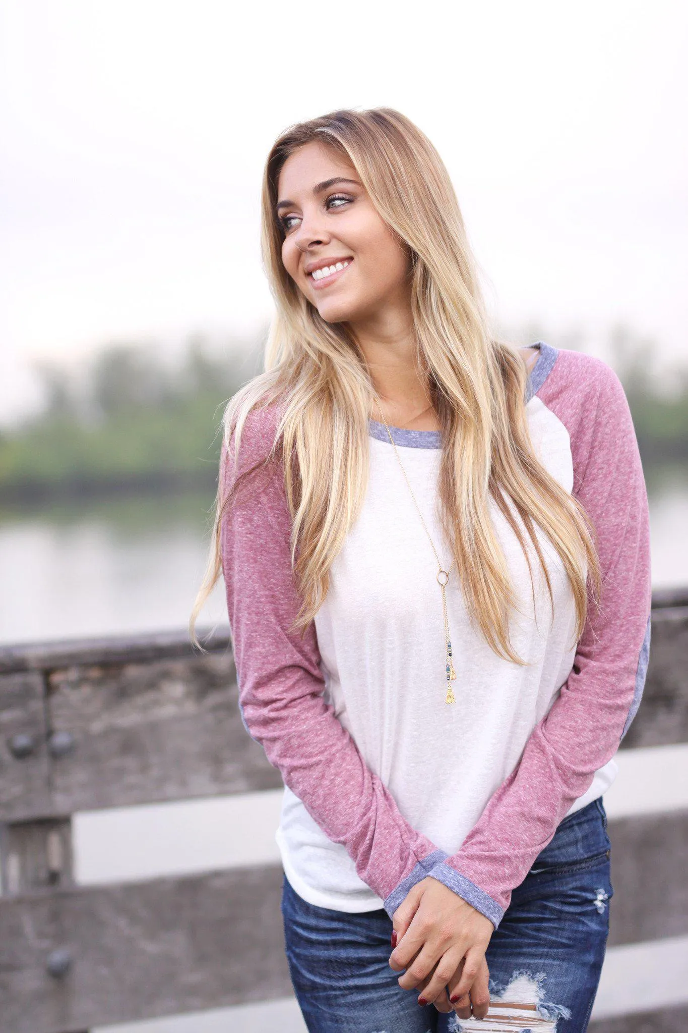 Burgundy Baseball Tee with Elbow Patches